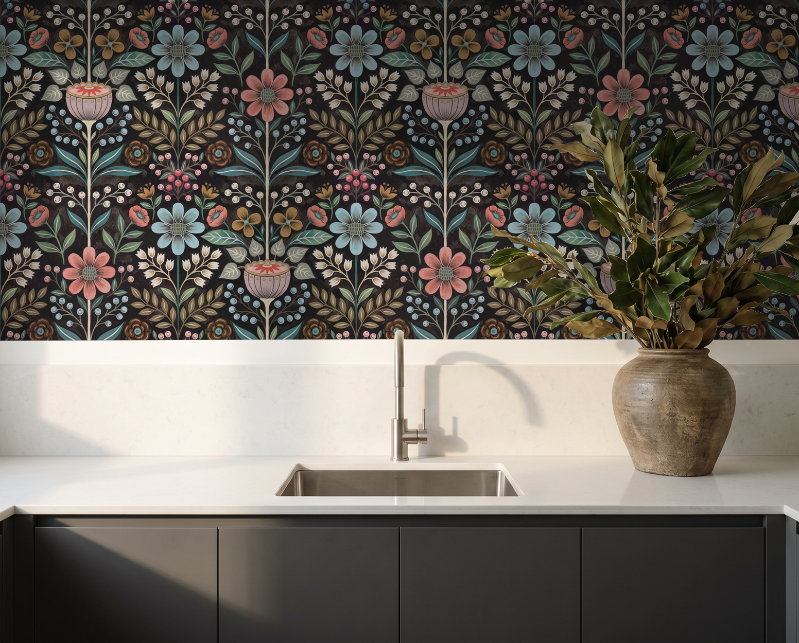 Bloomshire floral wallpaper with pink and blue flowers on black in modern kitchen.
