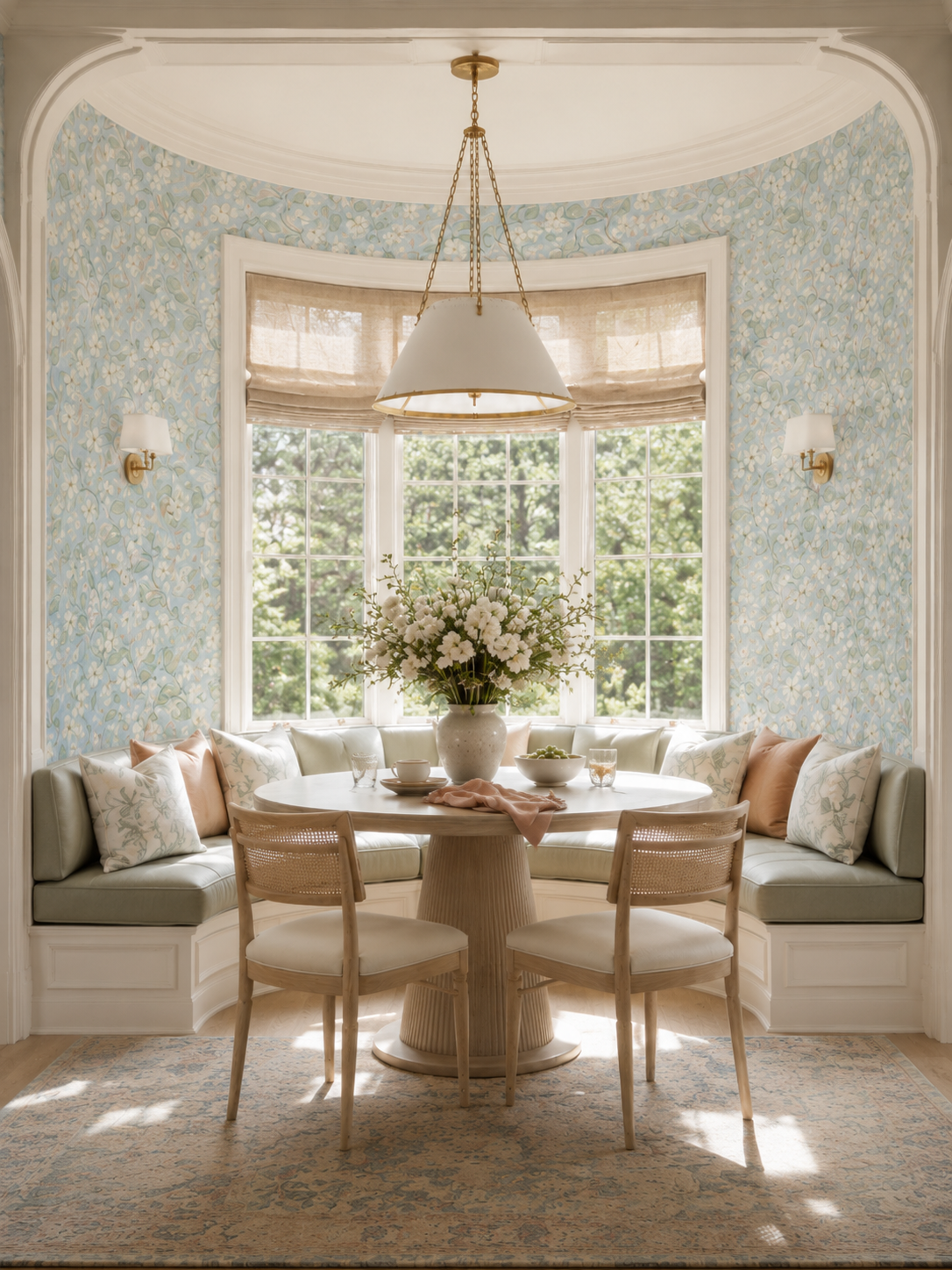 Dining room with blue floral wallpaper, round table, and window seat.