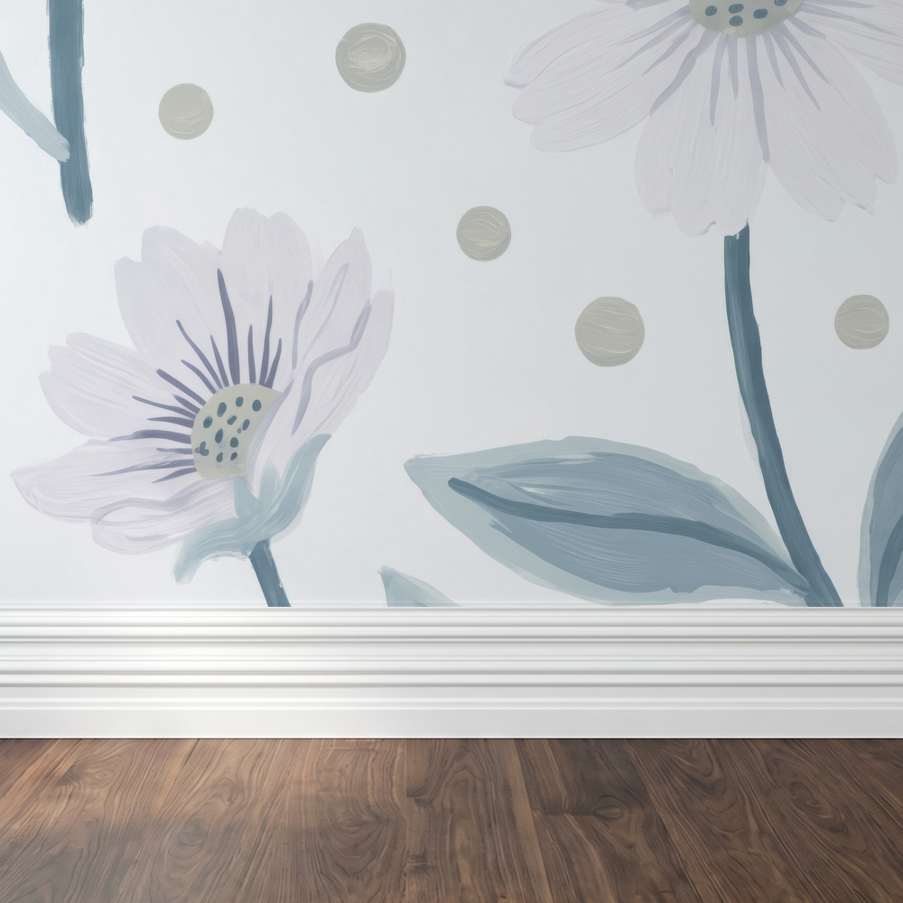Blue floral wallpaper with lilac blooms on white background in room setting.