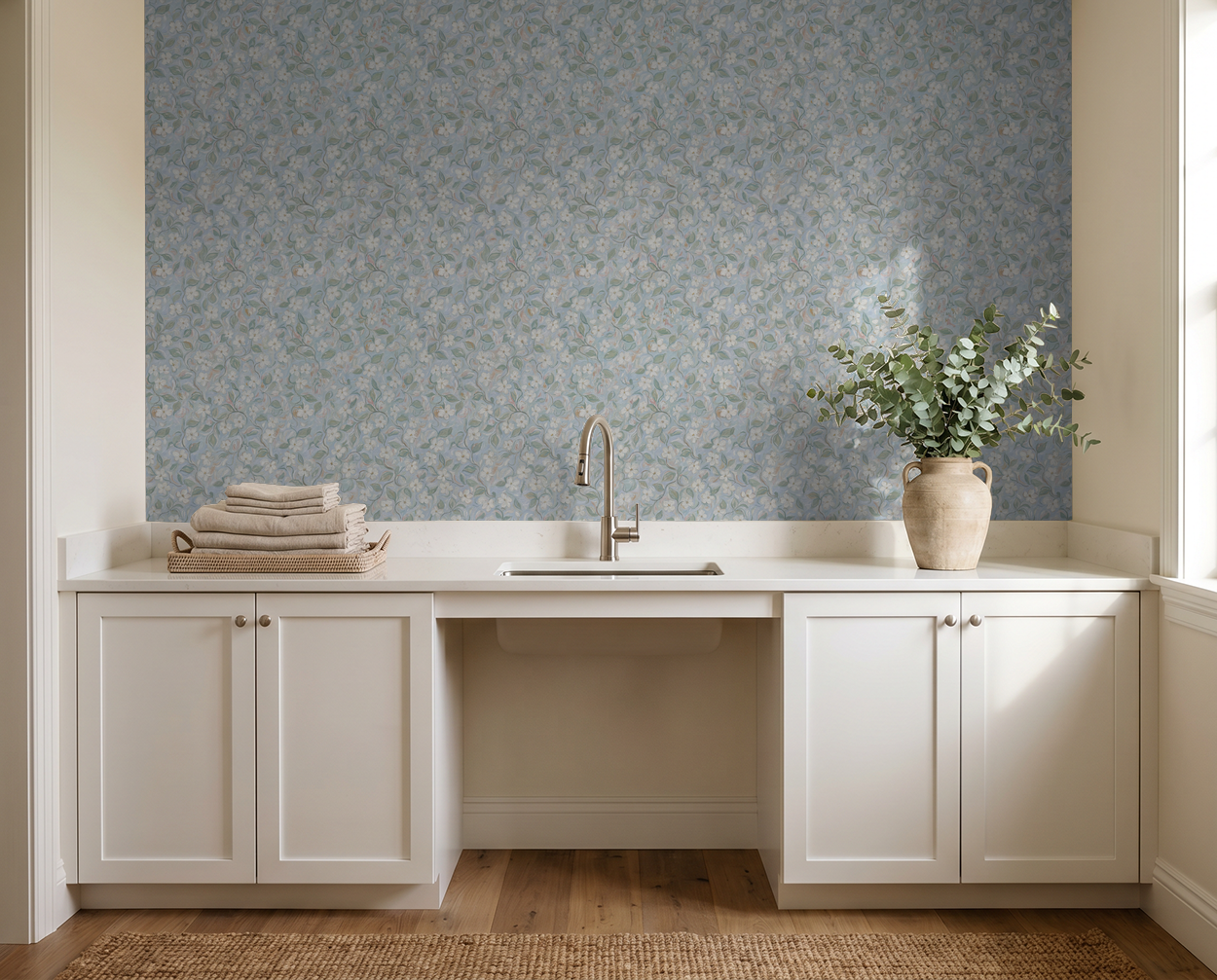 Blue floral wallpaper in a modern kitchen with white cabinets and a vase.