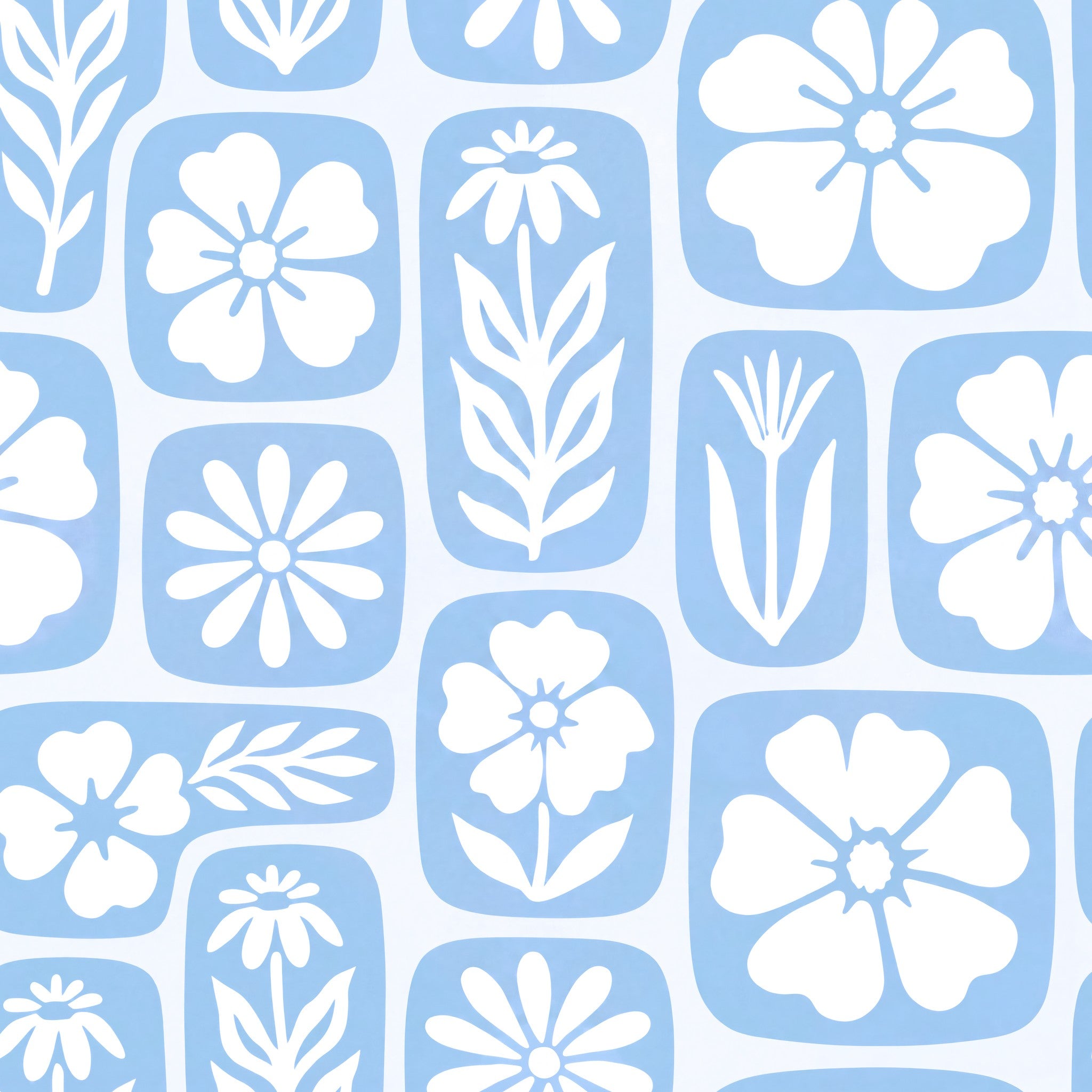Blue and white floral wallpaper with white flower silhouettes on cerulean background.