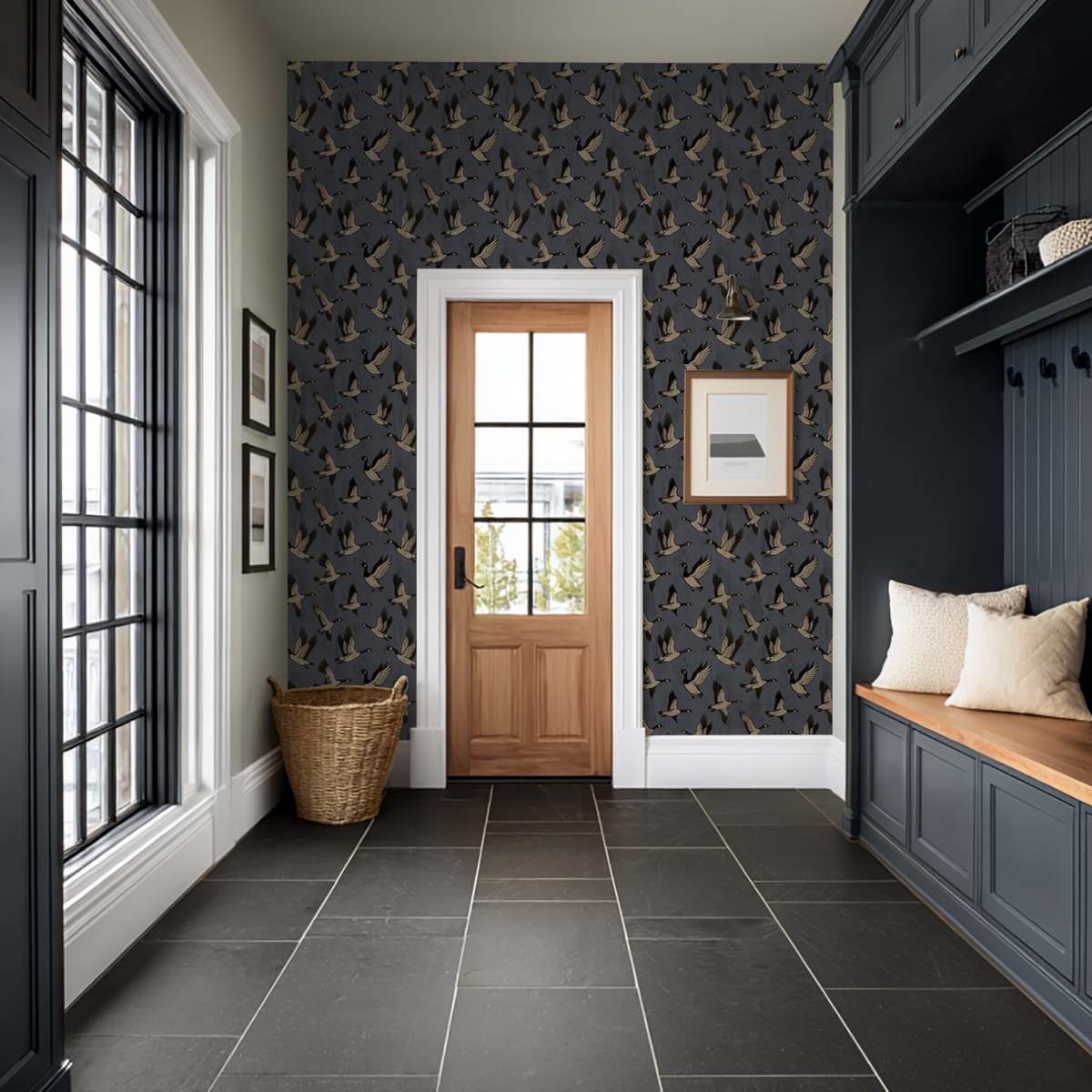 Blue wallpaper with flying geese in a modern hallway setting.