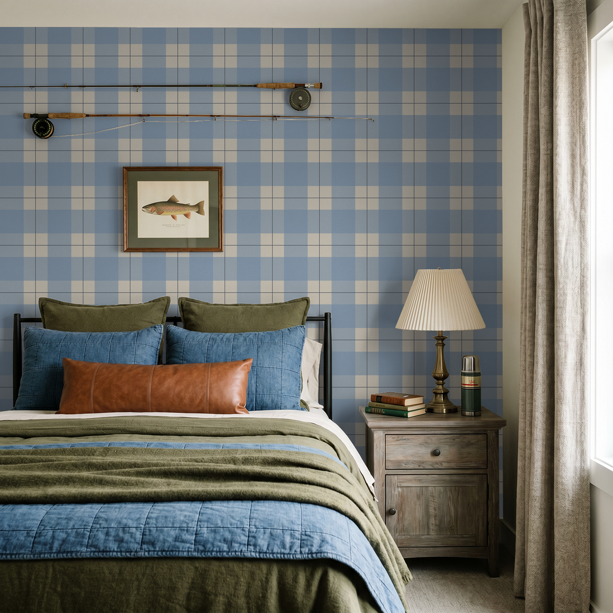 Bedroom with blue plaid wallpaper, cozy bedding, and rustic decor.