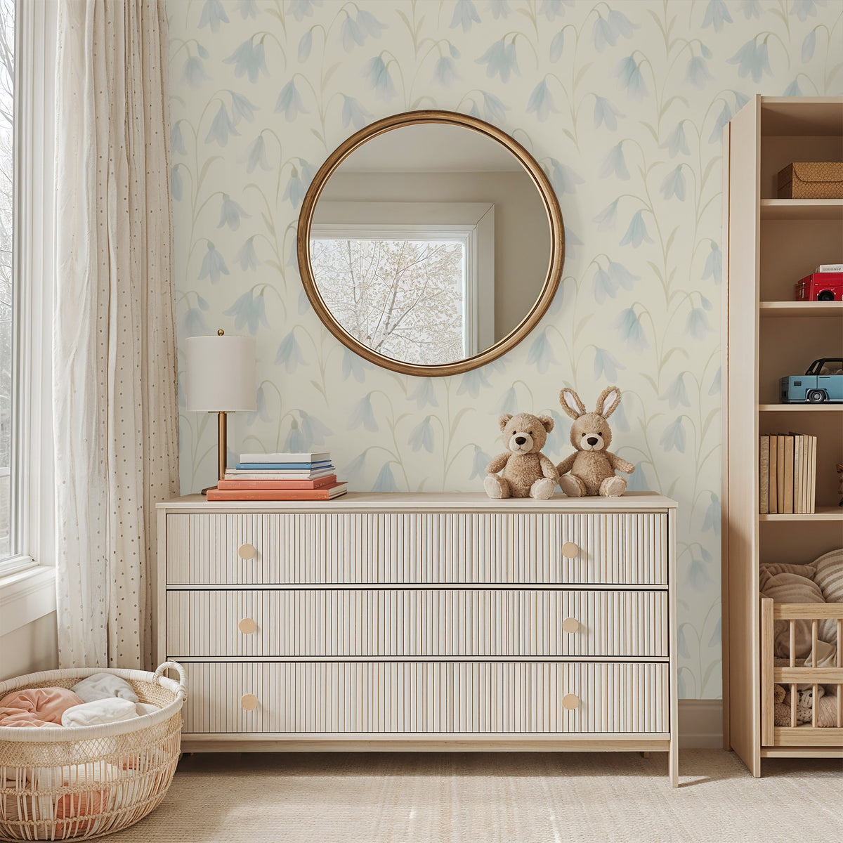 Bluebell floral wallpaper in a cozy nursery with soft light and neutral decor.