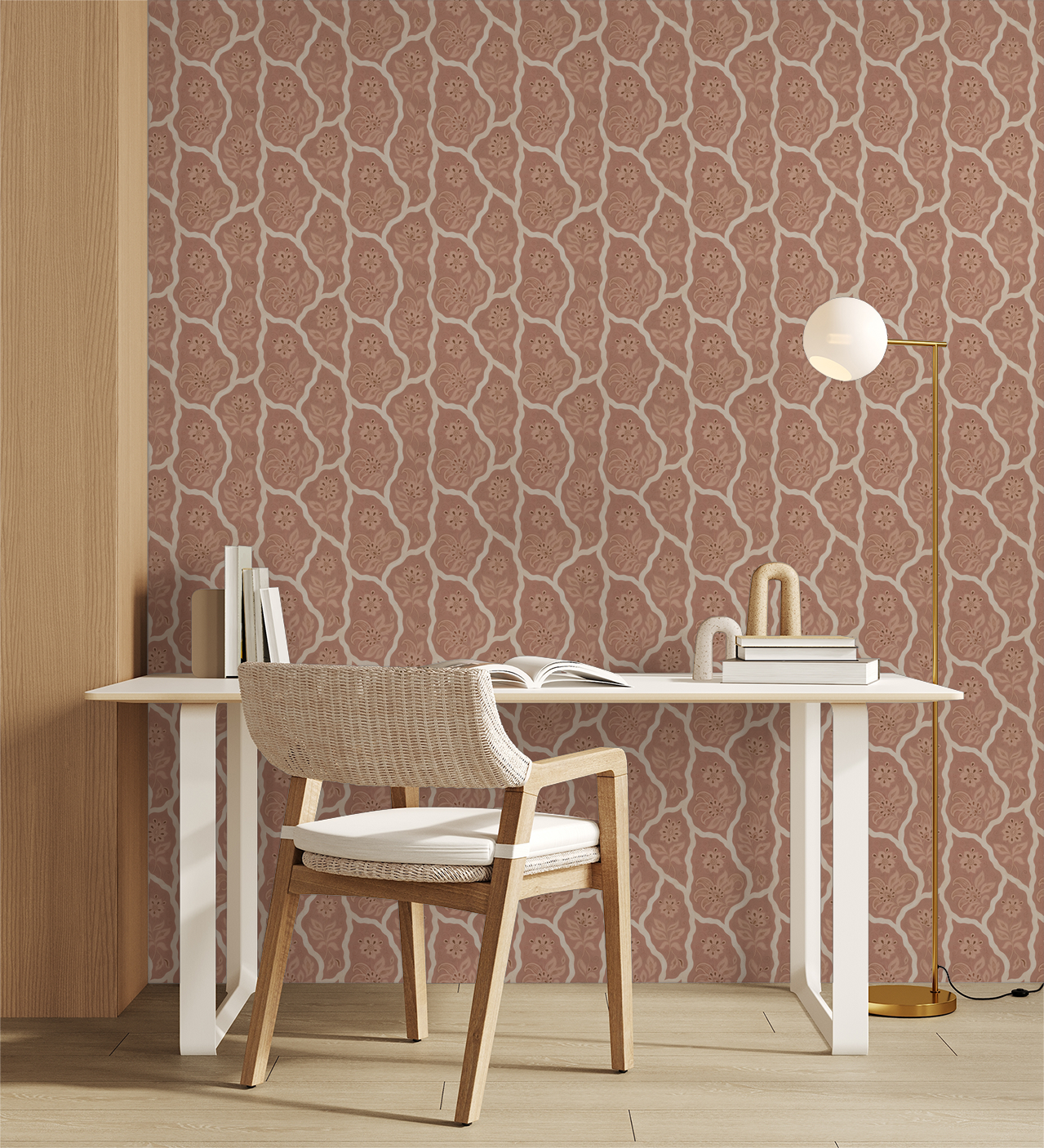 Elegant blush floral wallpaper in a modern study with wooden chair and white desk.