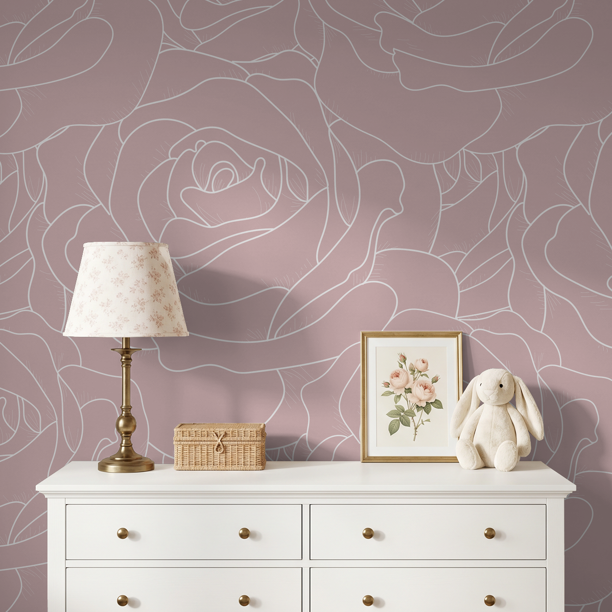 Blush pink floral line-drawn rose wallpaper in elegant nursery setting.