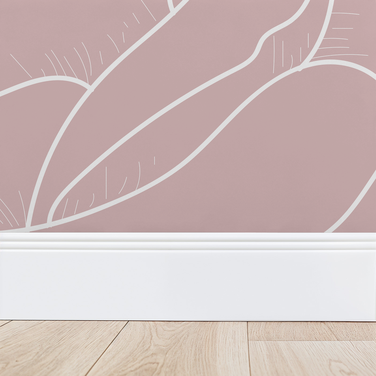 Blush pink wallpaper with line-drawn roses and white baseboard