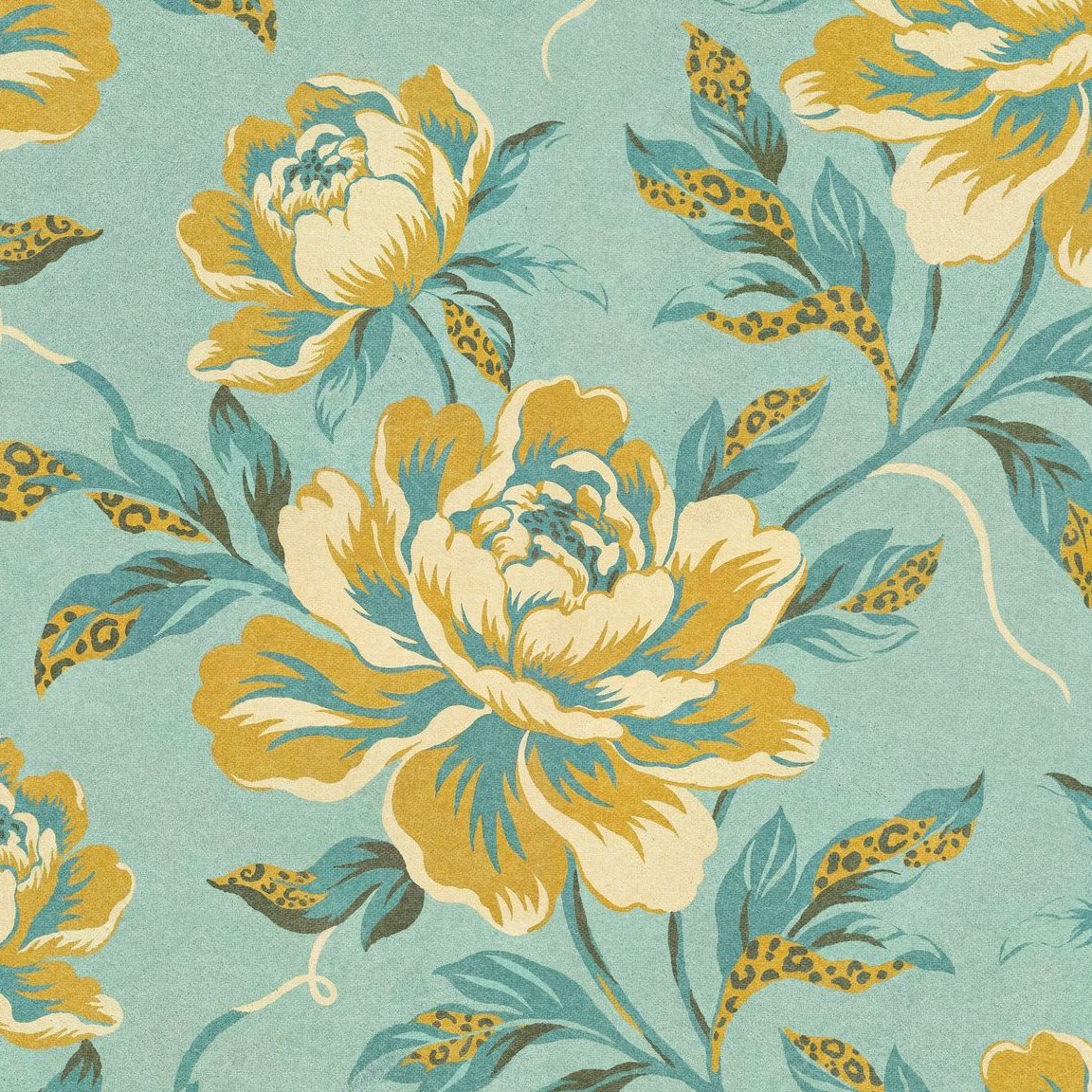 Bold floral wallpaper with golden ochre and teal peonies on turquoise background.