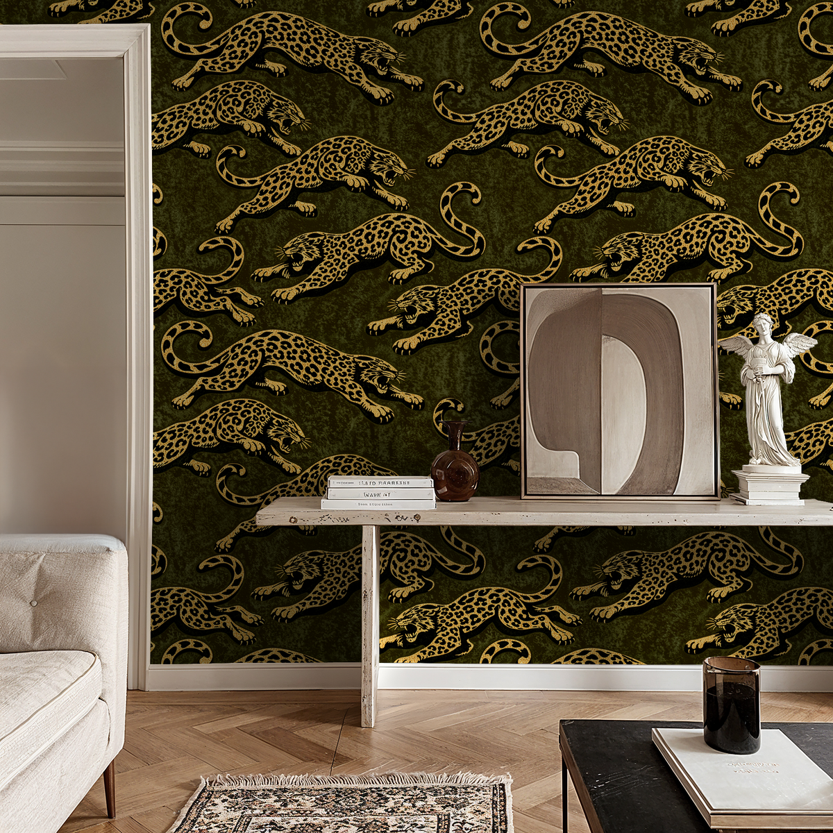 Bold leopard wallpaper in gold on green in elegant living room setting.
