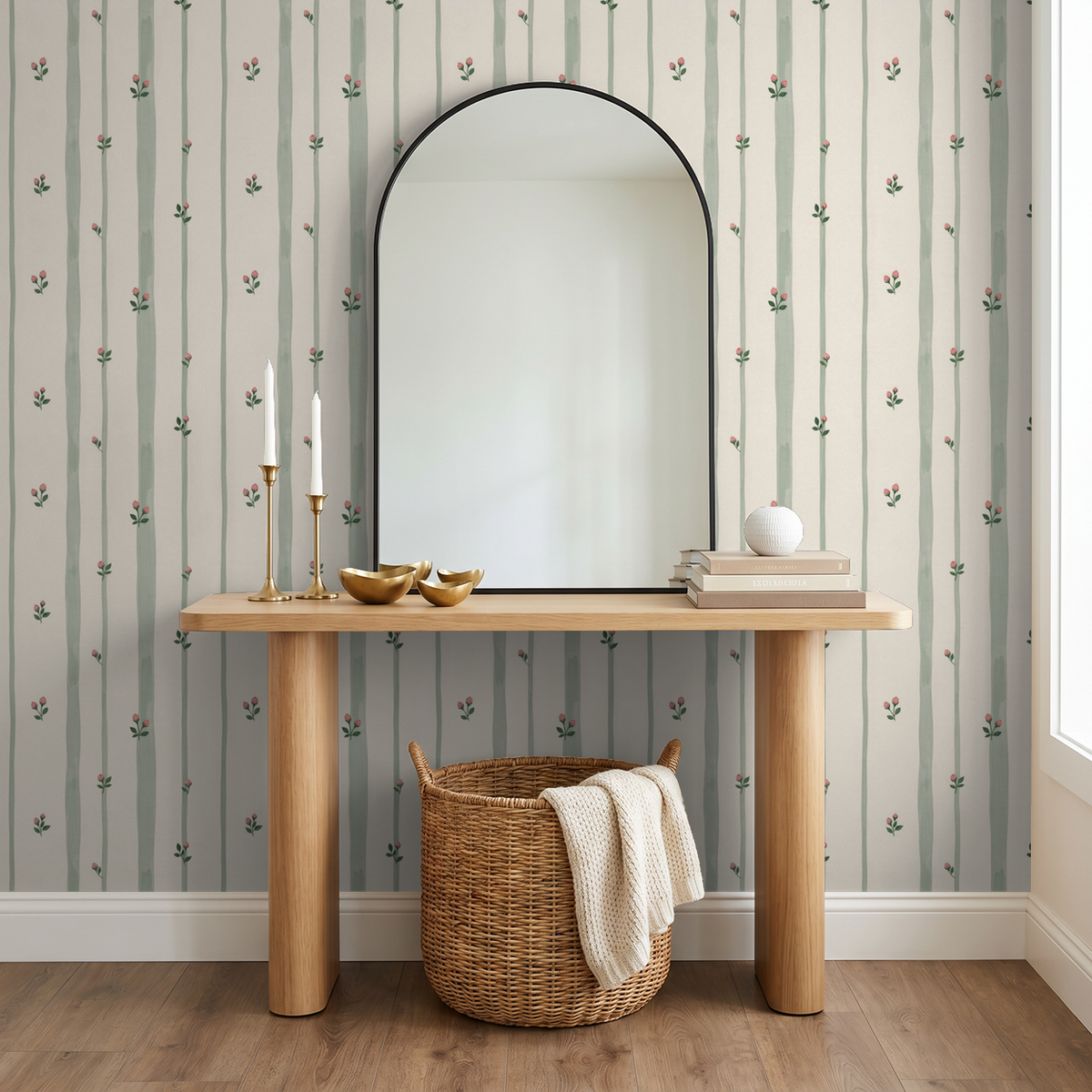 Bordeaux Bloom wallpaper with sage green stripes and pink buds in modern room setting.