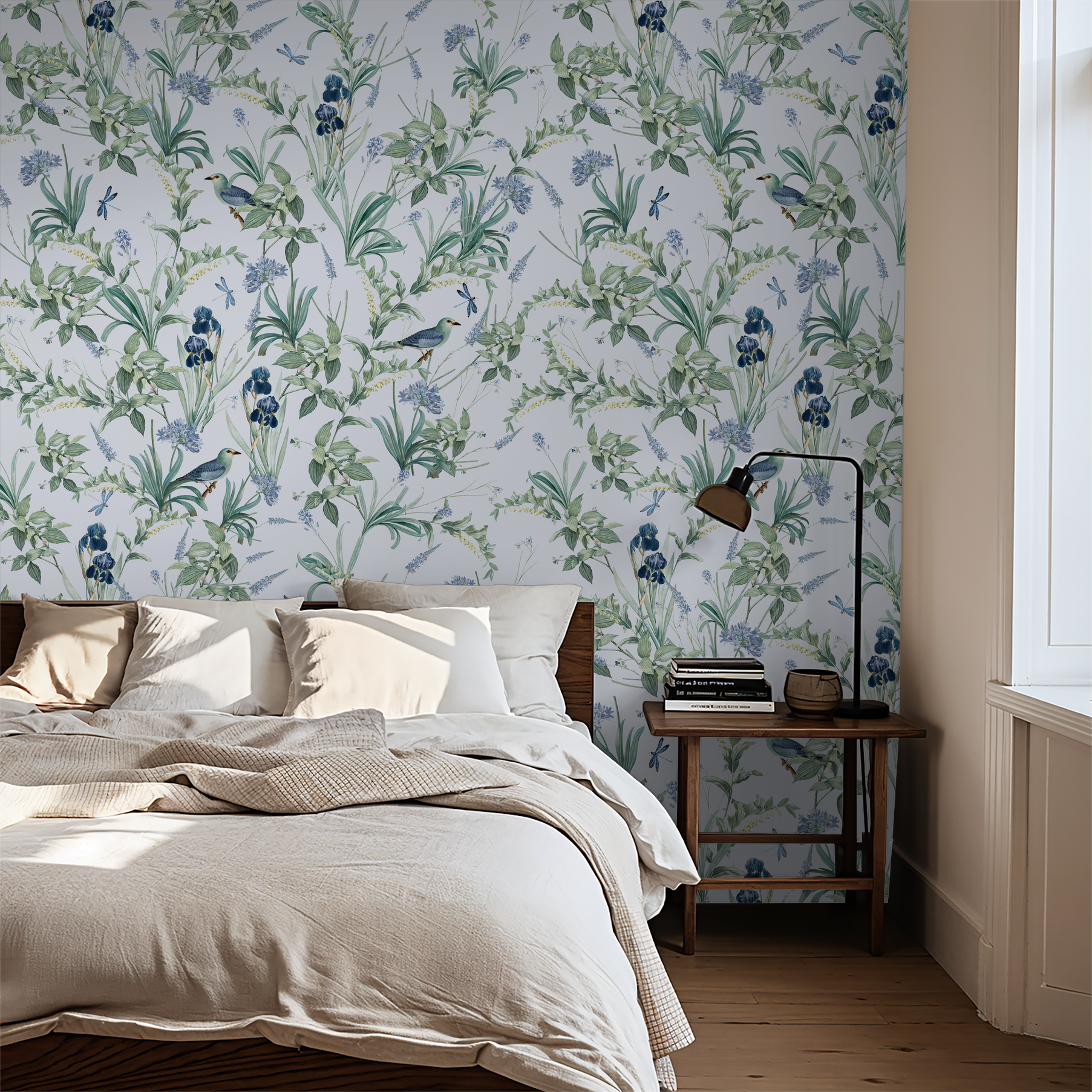 Botanical wallpaper with lavender, green foliage, and birds in a cozy bedroom setting.