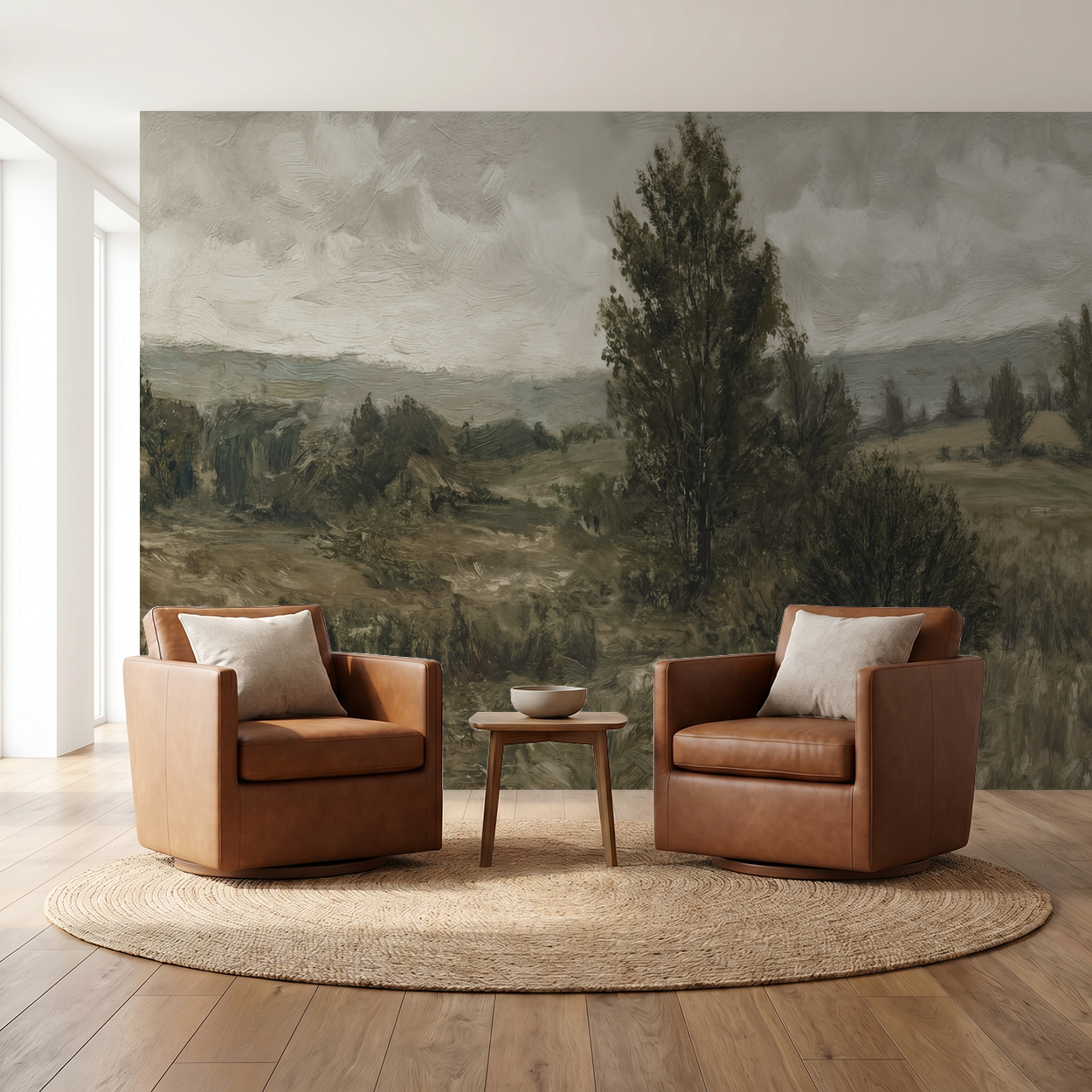 Briar Hollow wallpaper with serene landscape in earthy tones in modern living room with leather chairs.