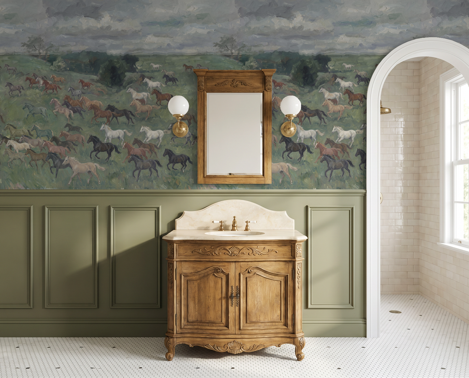 Bridlewood wallpaper with horses in a meadow in rustic bathroom setting.