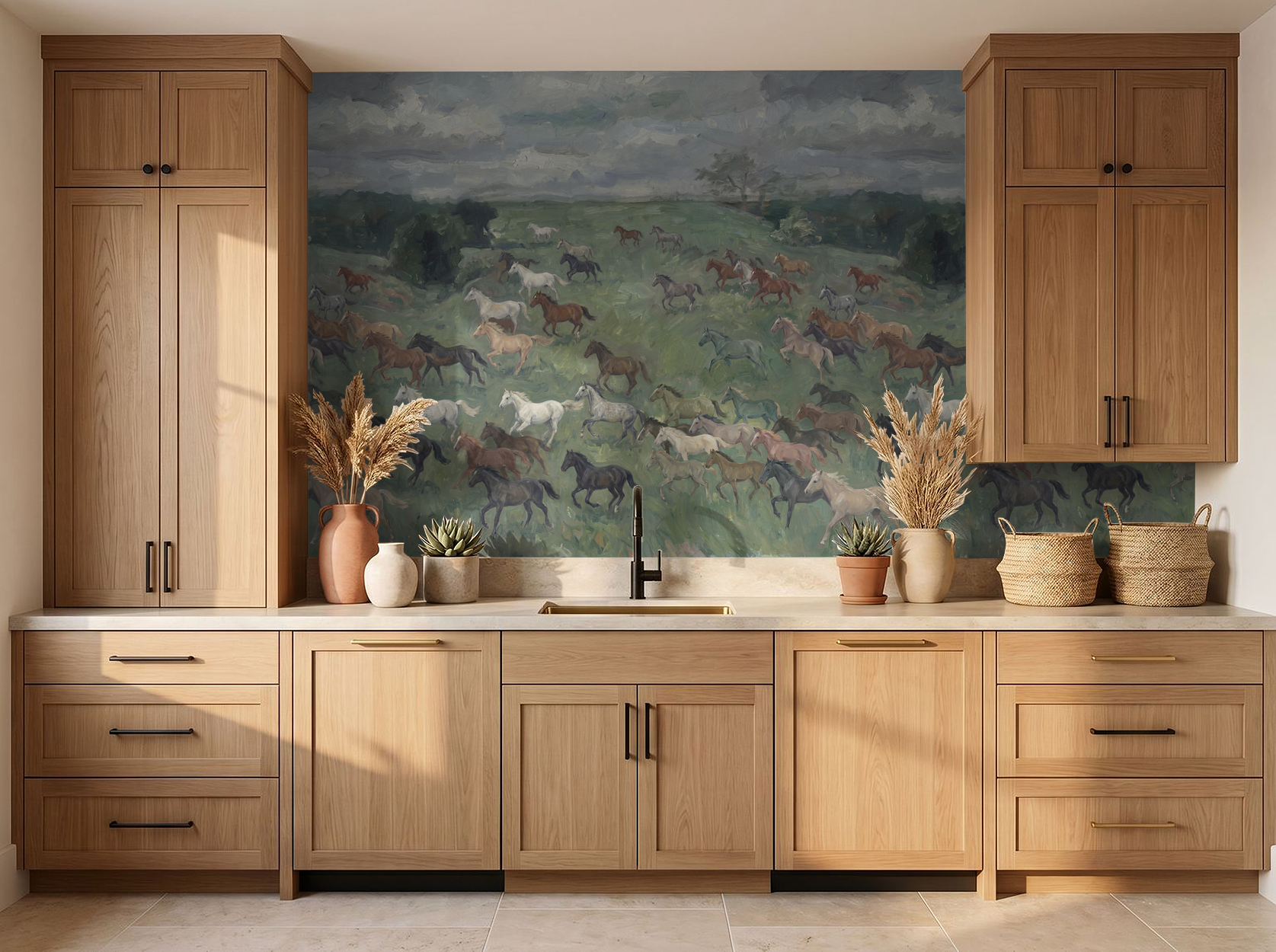 Bridlewood wallpaper with horses in a meadow behind rustic kitchen cabinets.