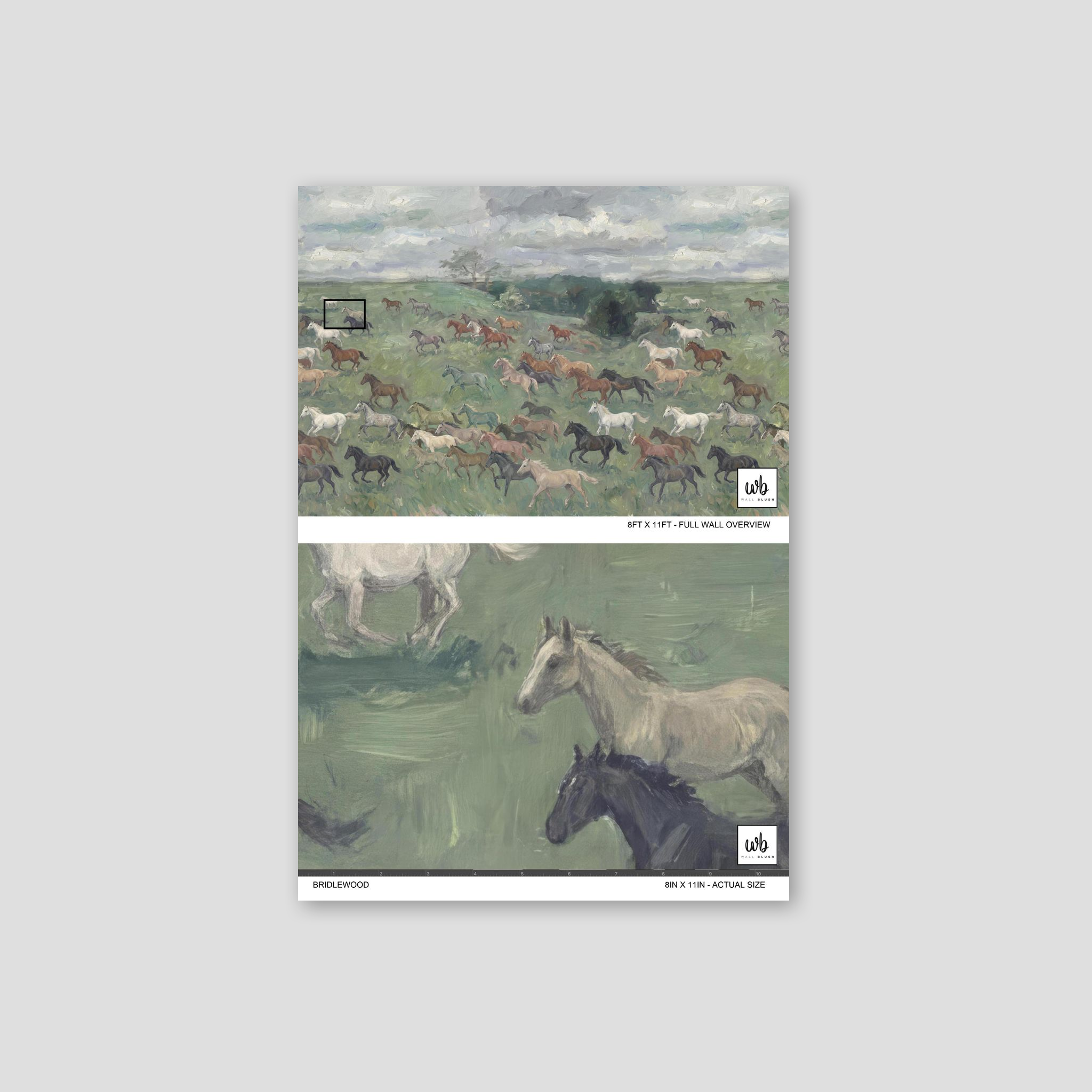 Wallpaper with horses galloping in a lush green meadow, nature-inspired design.