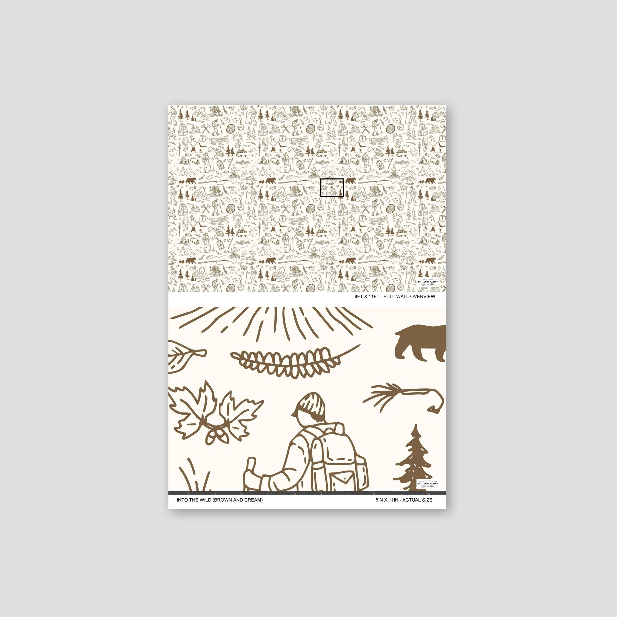 Brown and cream adventure-themed wallpaper with nature motifs.