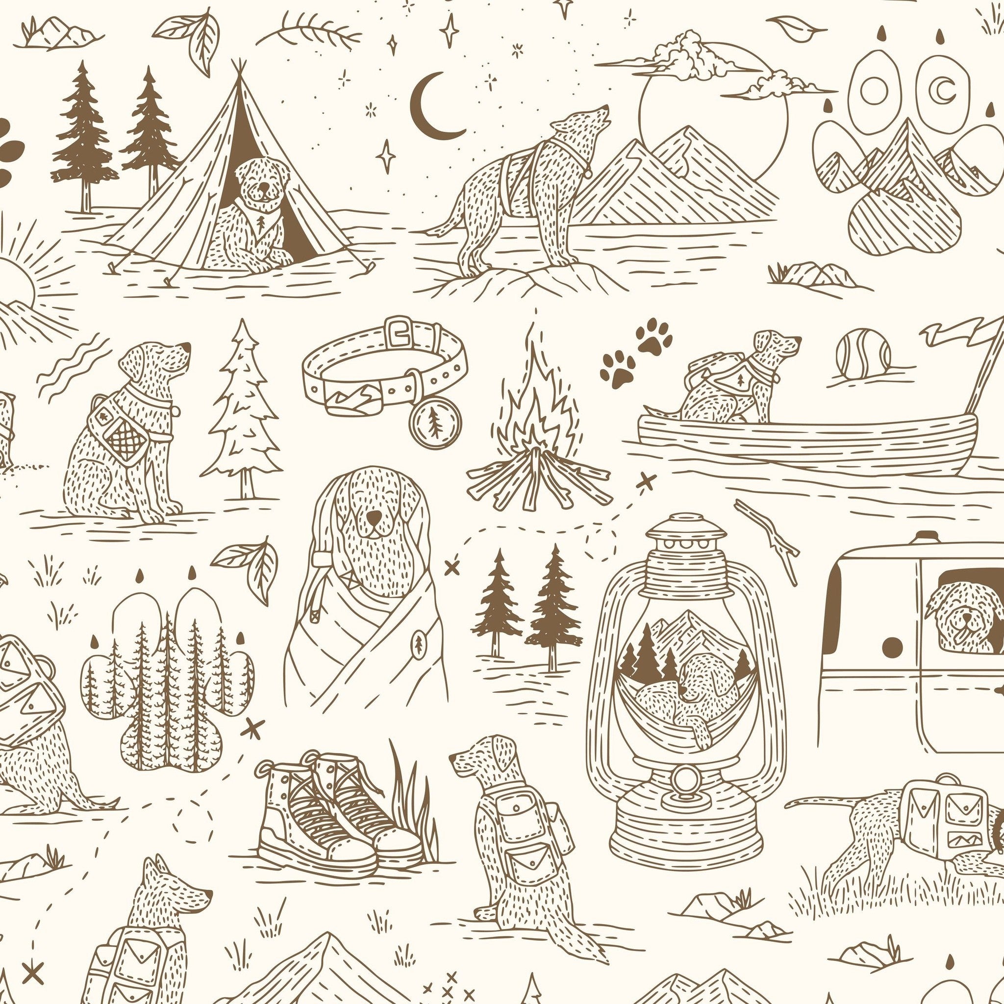 Brown and cream wallpaper with dogs camping, mountains, and nature motifs.