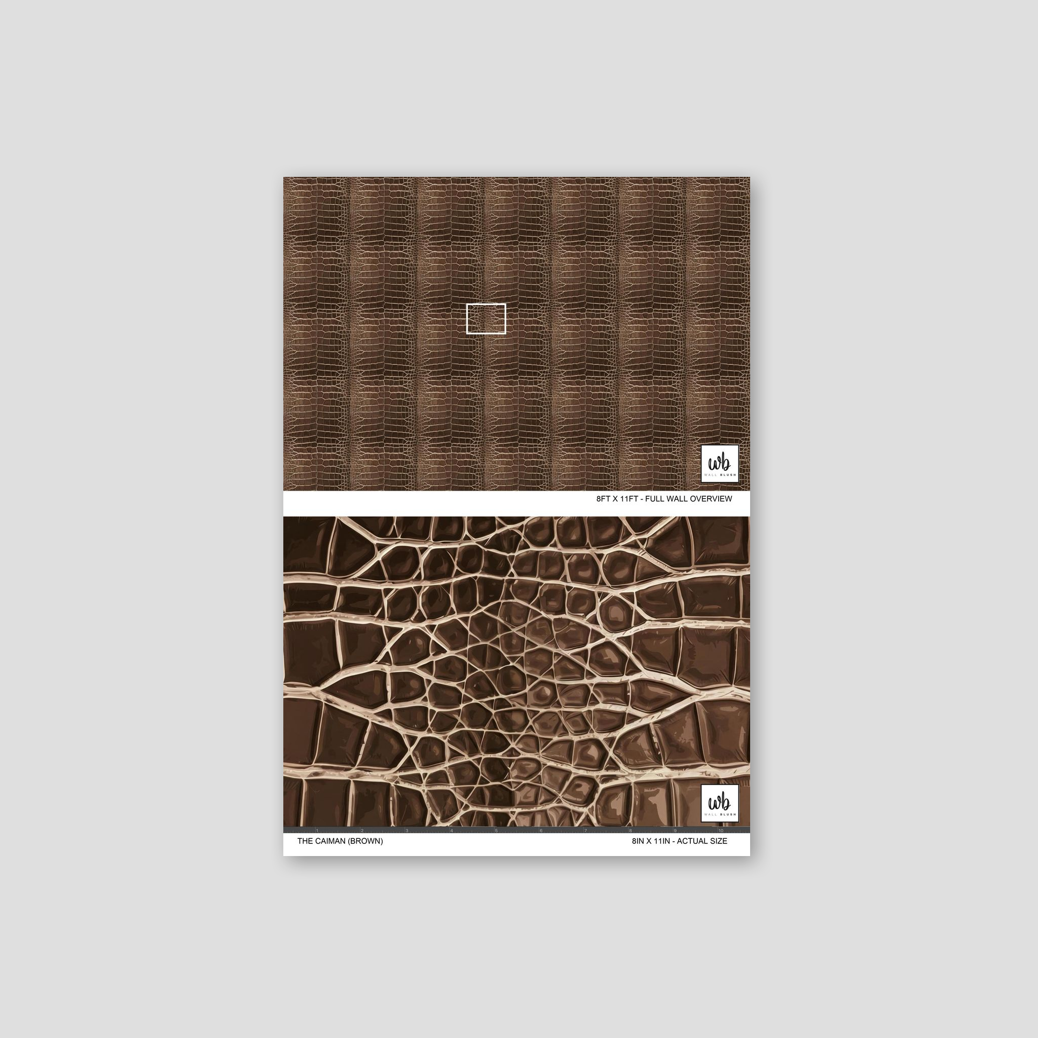 Brown crocodile textured wallpaper sample with rich earthy tones.
