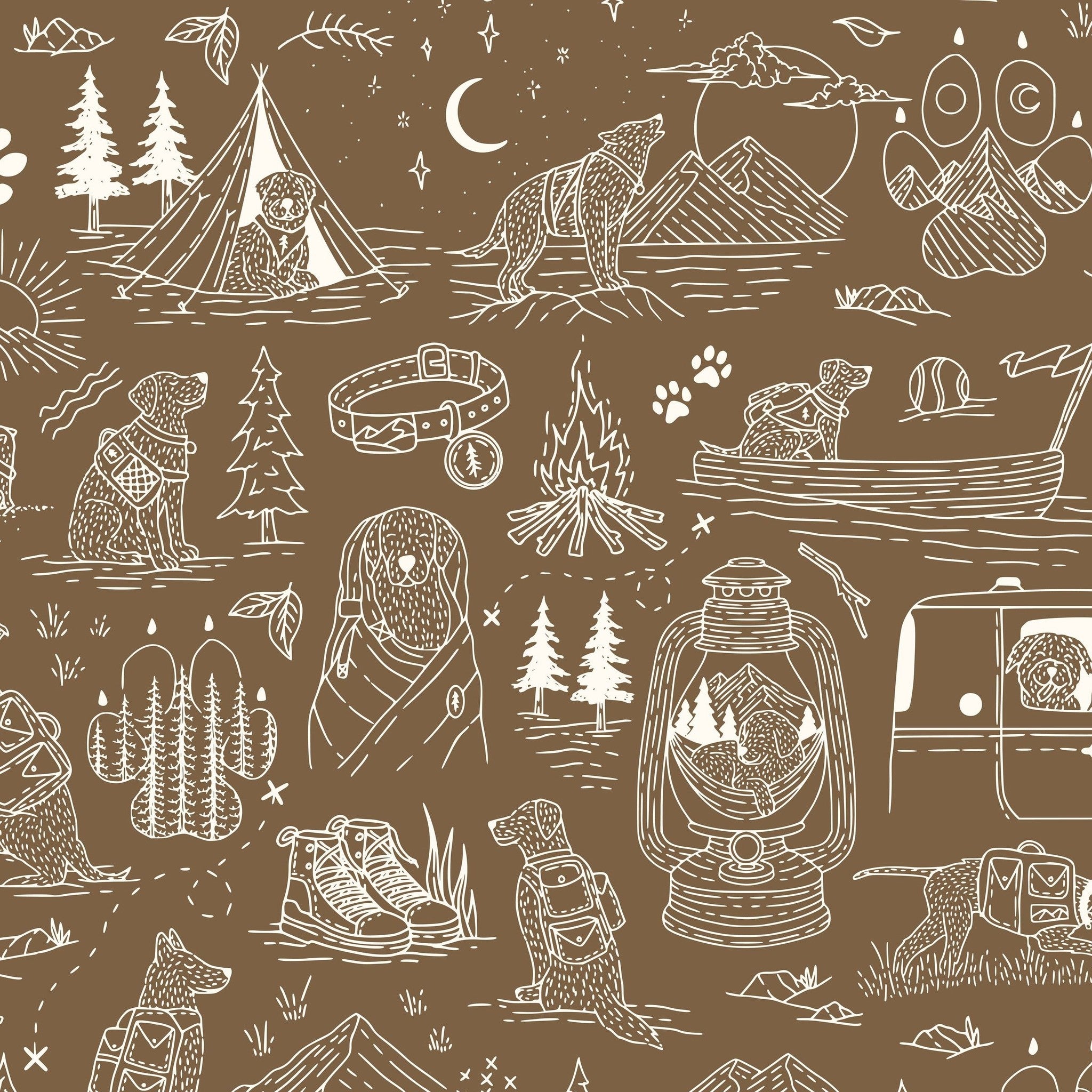 Brown wallpaper with cream dog and camping illustrations, featuring tents and campfires.