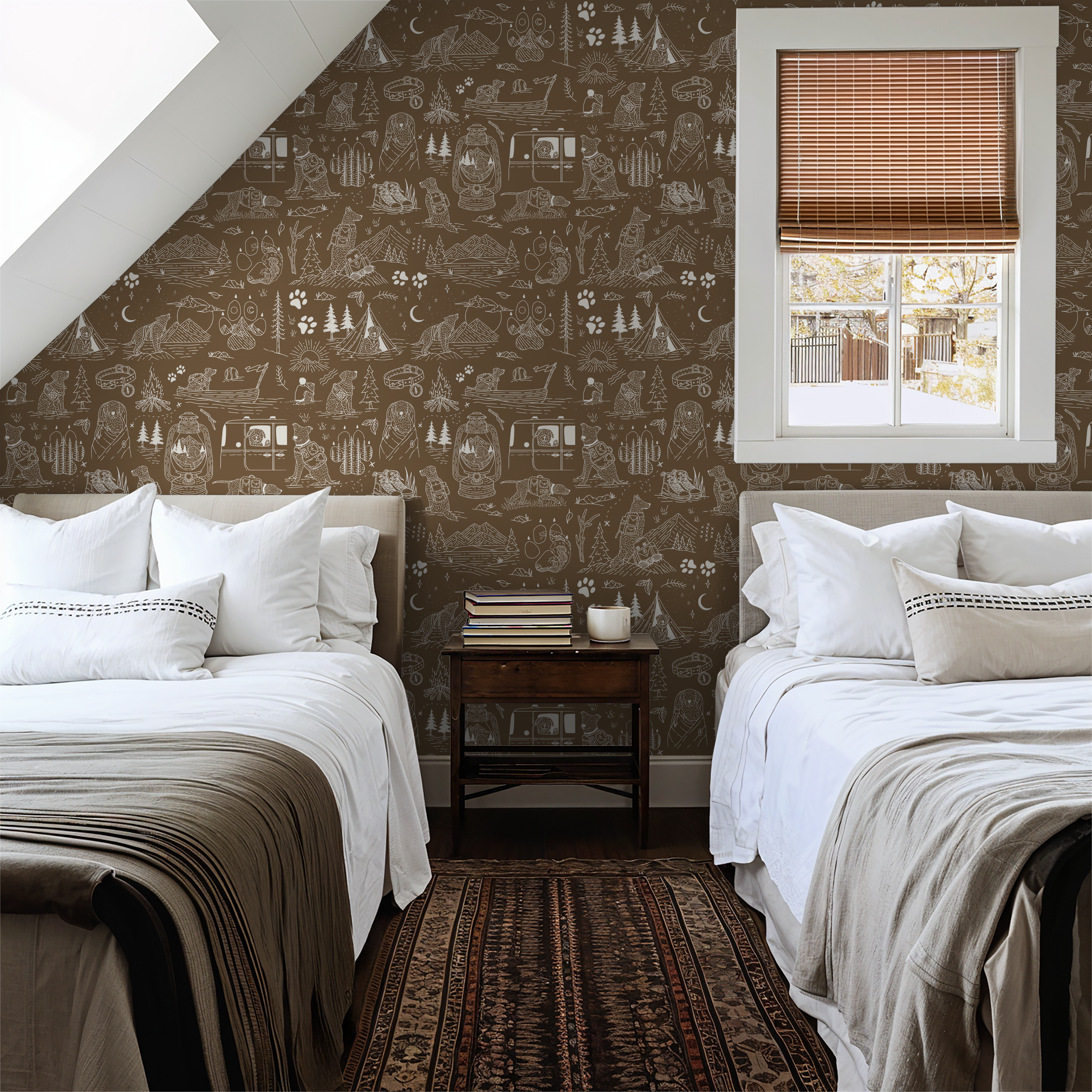 Brown whimsical dog and nature wallpaper in cozy bedroom with twin beds.