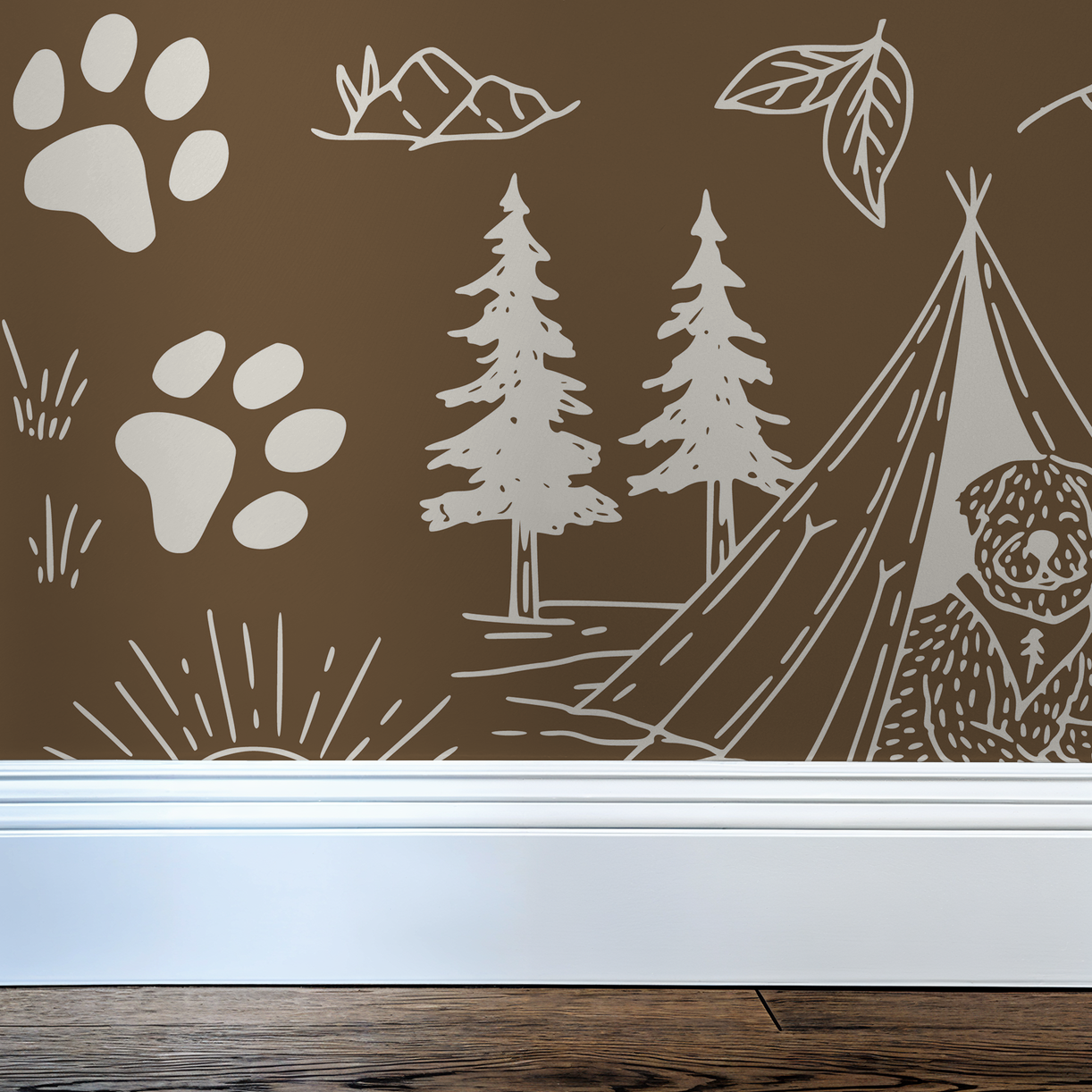 Brown wallpaper with cream illustrations of dogs, trees, and tents in a whimsical outdoor scene.