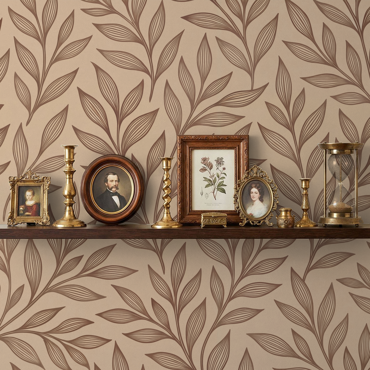 Brown vine pattern wallpaper with vintage decor on a wooden shelf