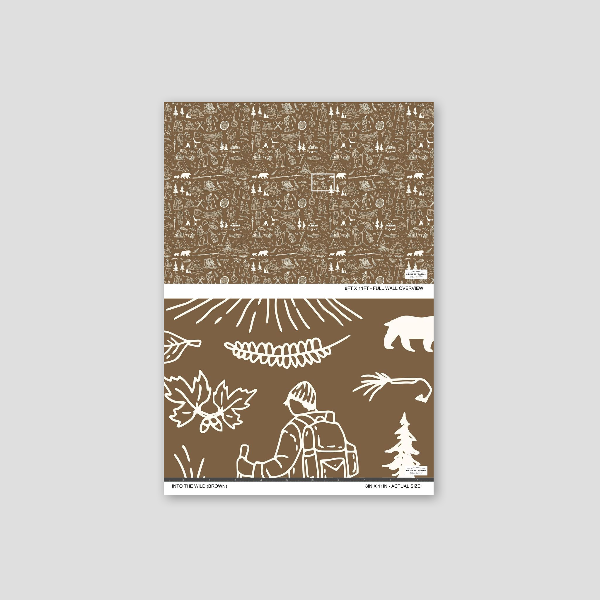 Brown wallpaper with white wilderness sketches of hikers and wildlife.