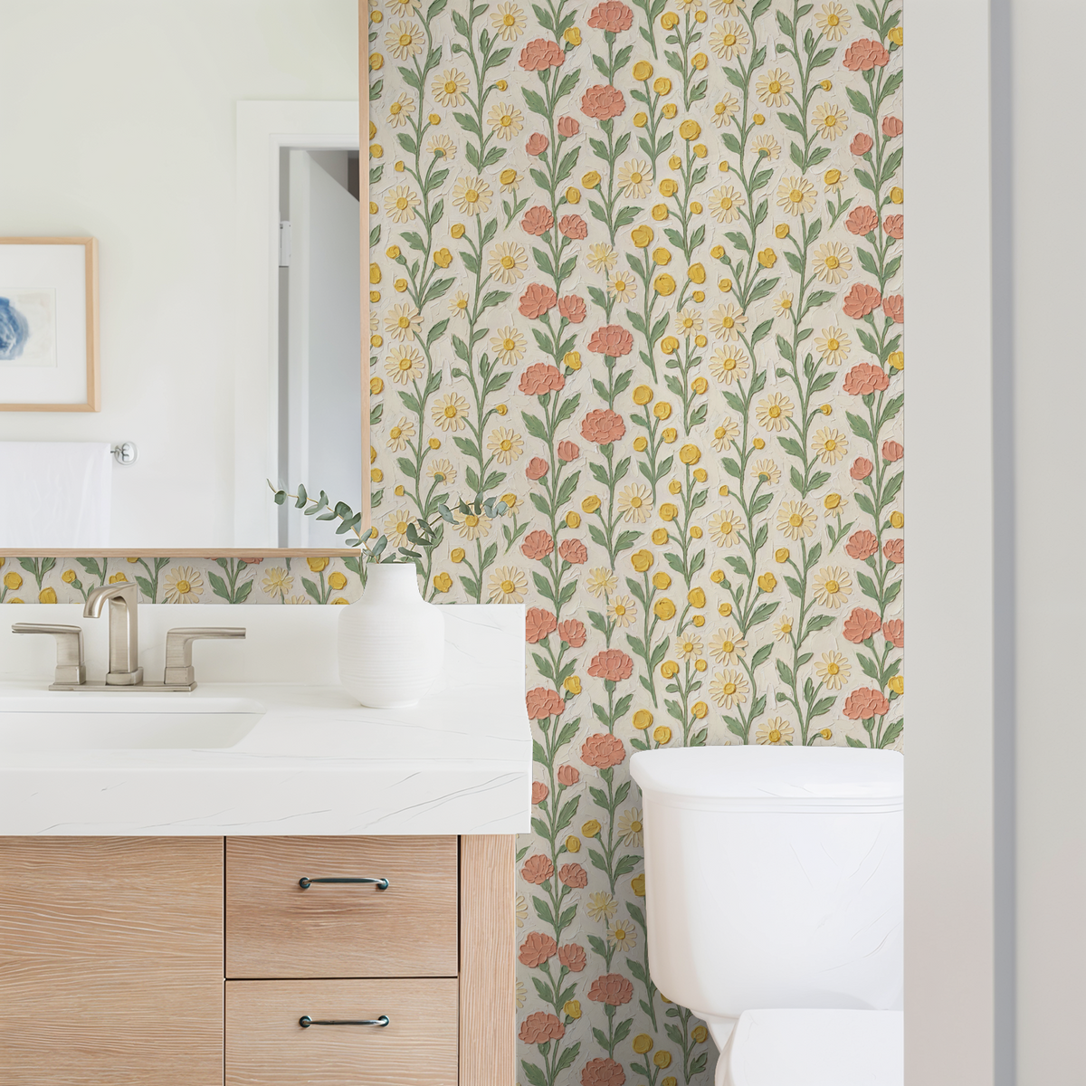 Floral wallpaper with yellow daisies and coral blossoms in a modern bathroom setting.