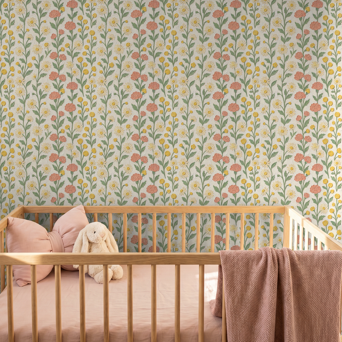 Brushed Blooms floral wallpaper with daisies and coral blossoms in nursery.