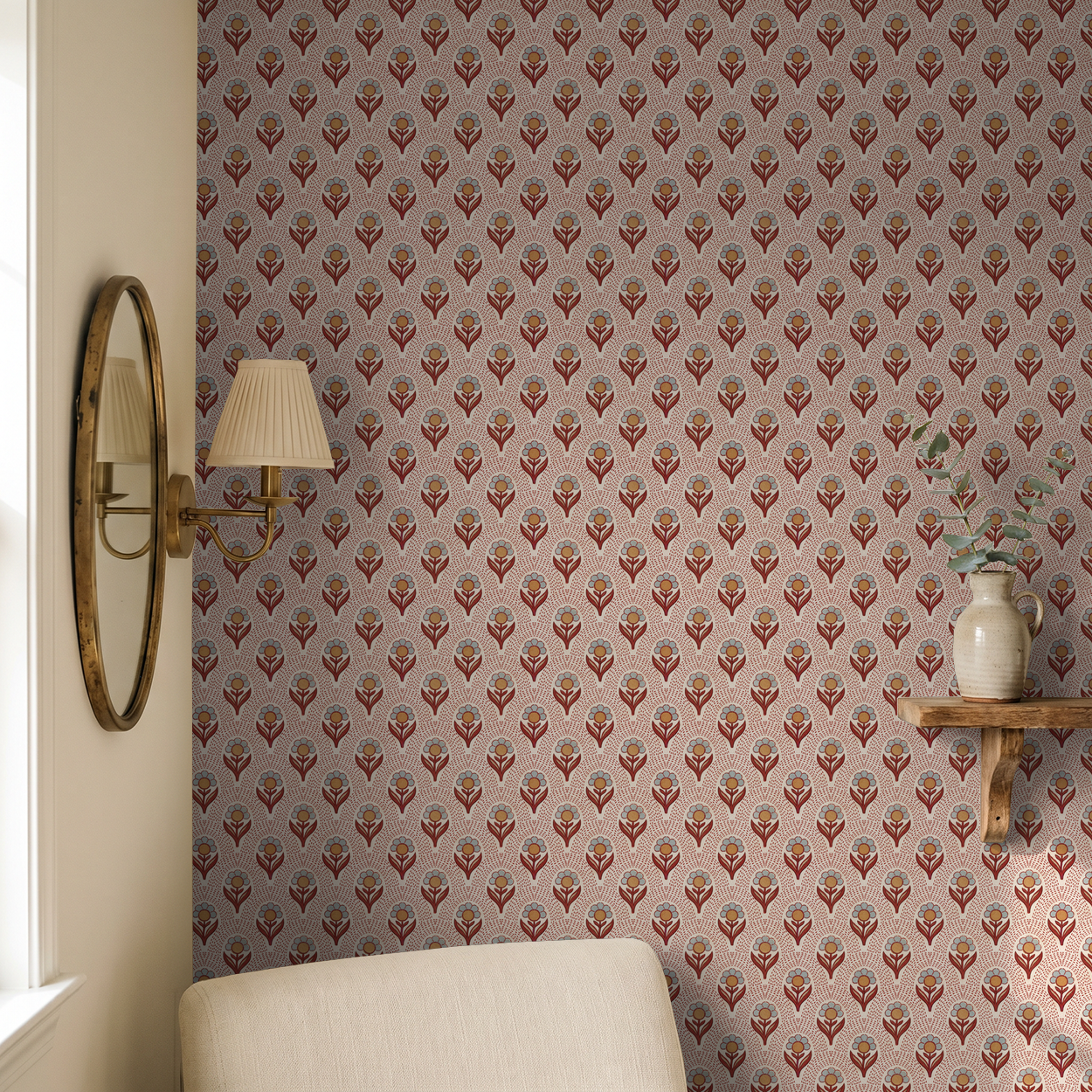 Camellia's Charm wallpaper with rust floral pattern in cozy living room