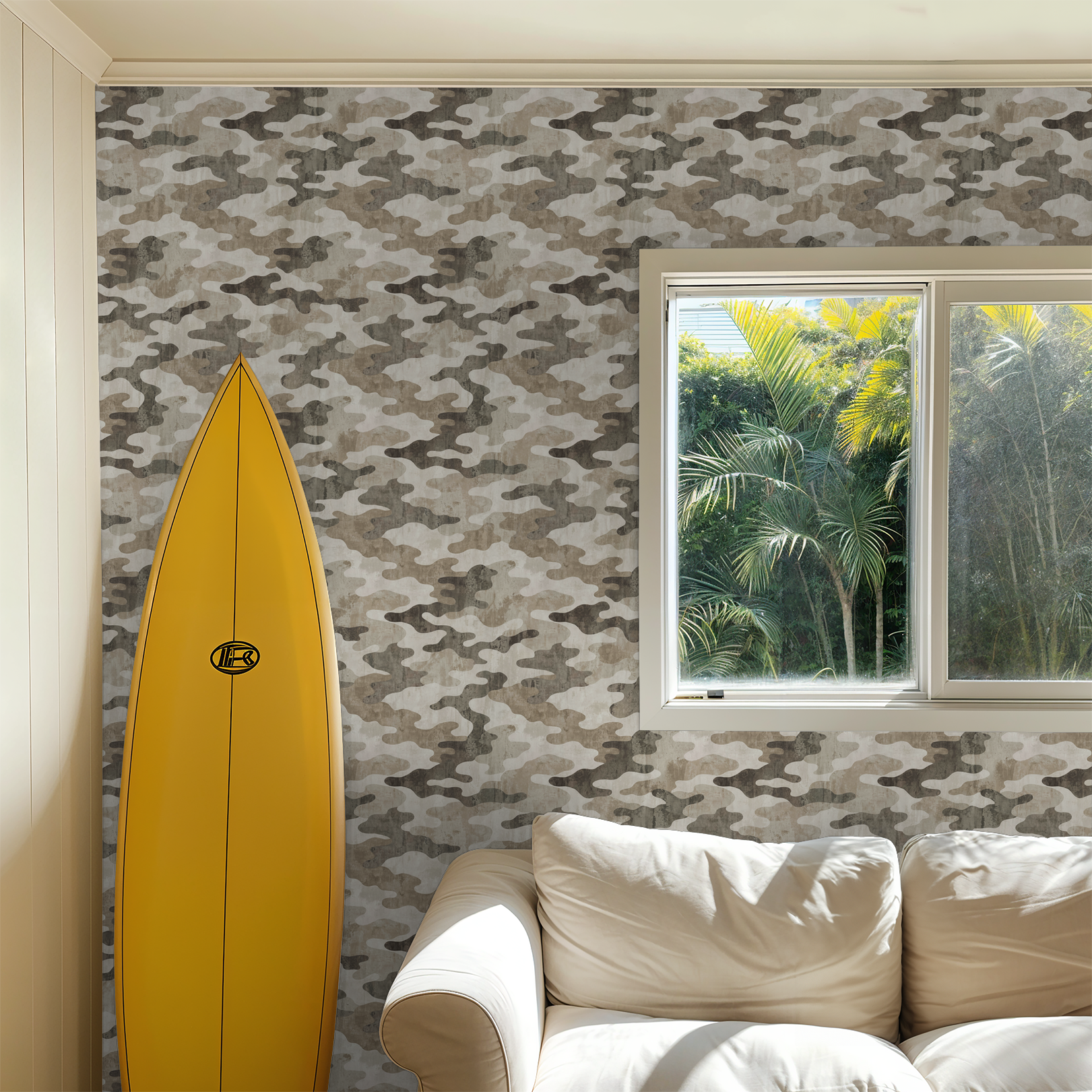 Camouflage wallpaper with earth tones in a room with a surfboard and sofa.