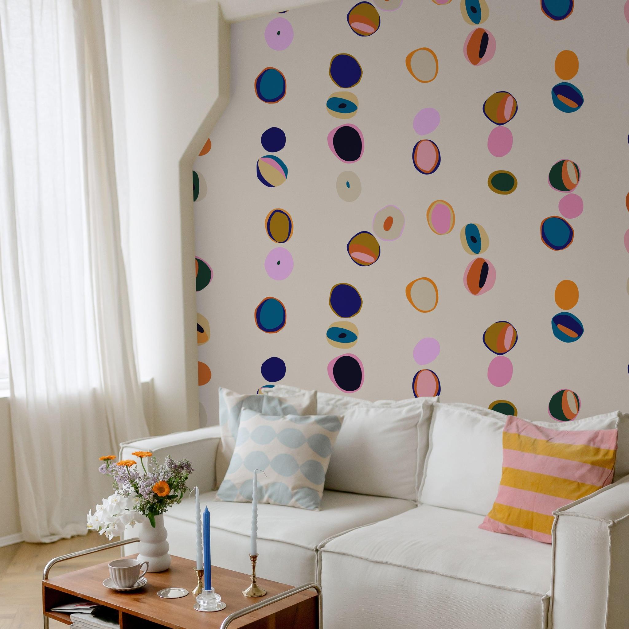 Lacey Wallpaper by Wall Blush SG02 in a modern living room with vibrant patterned wall decor focus.