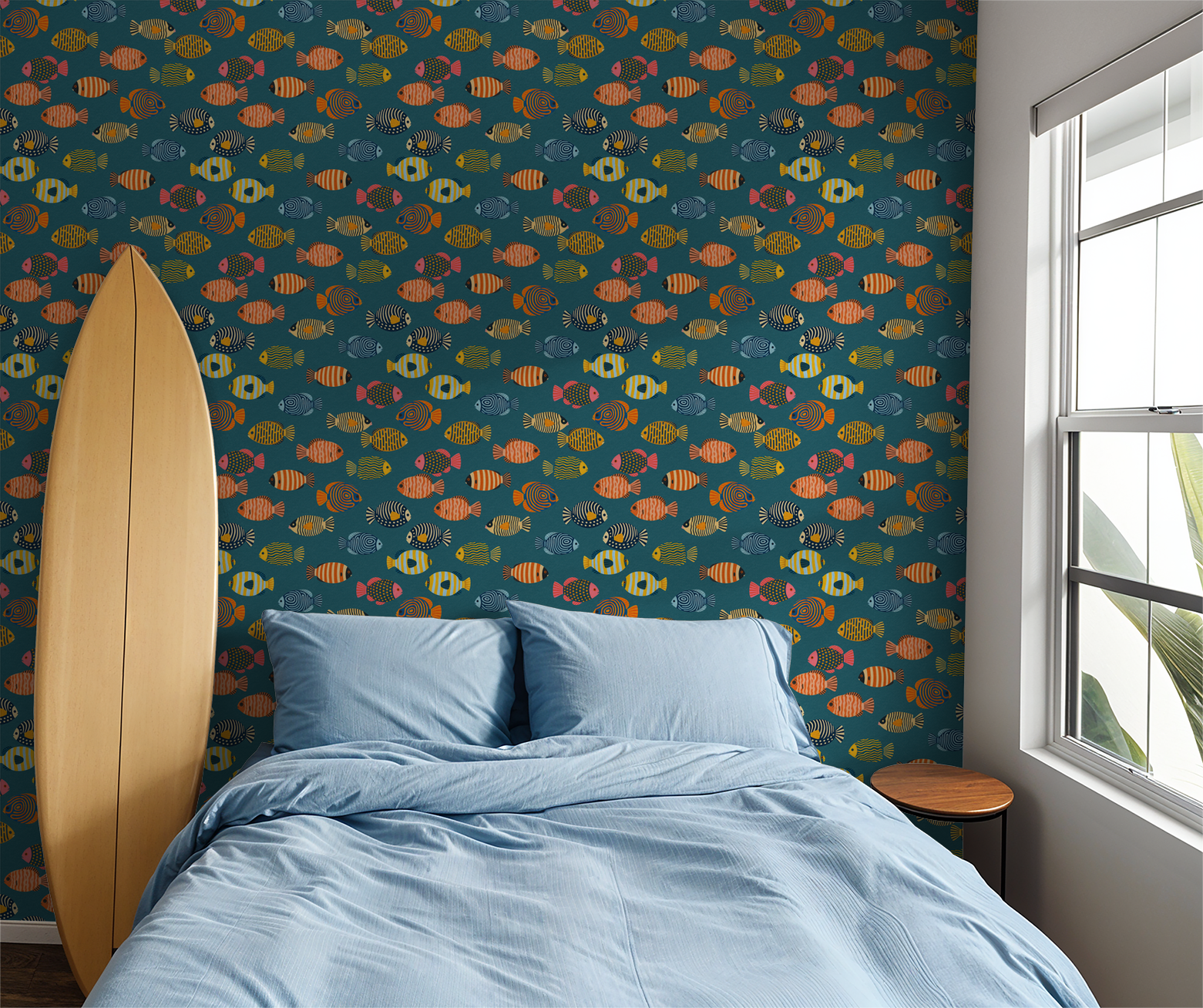 Colorful fish pattern wallpaper in teal bedroom setting with surfboard.