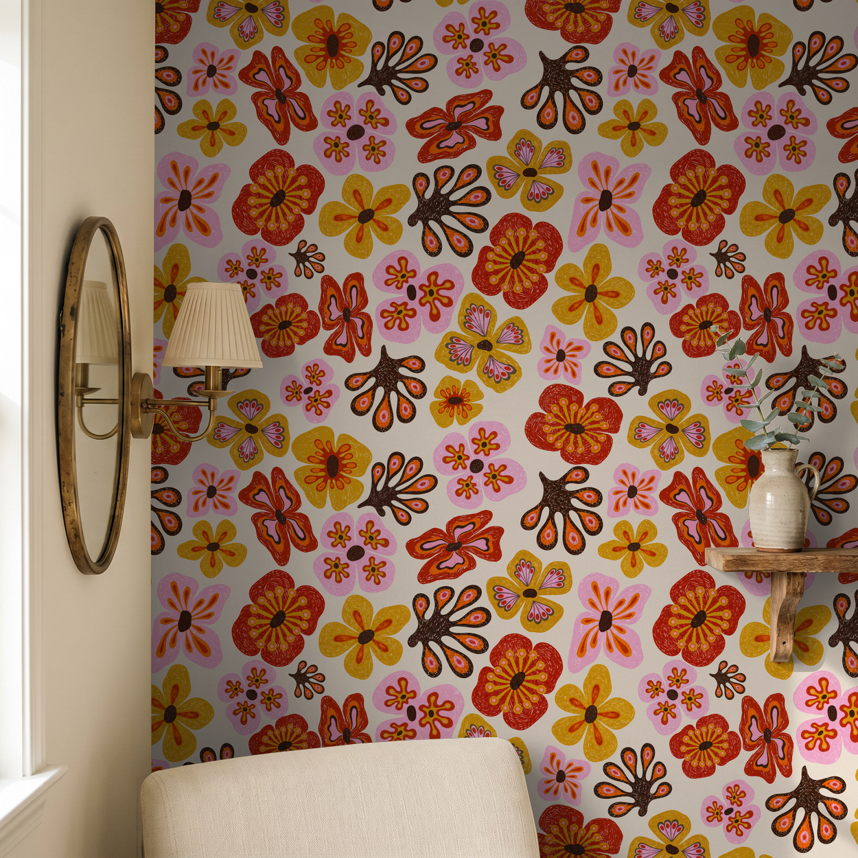Colorful floral wallpaper with retro design in a cozy room setting.