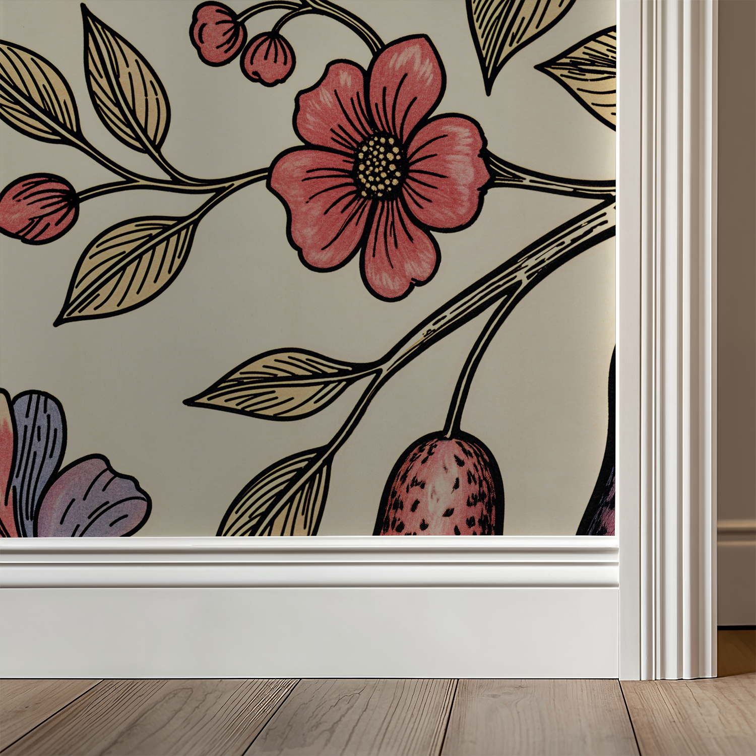 Floral wallpaper with coral flowers and pear motifs on a creamy background.