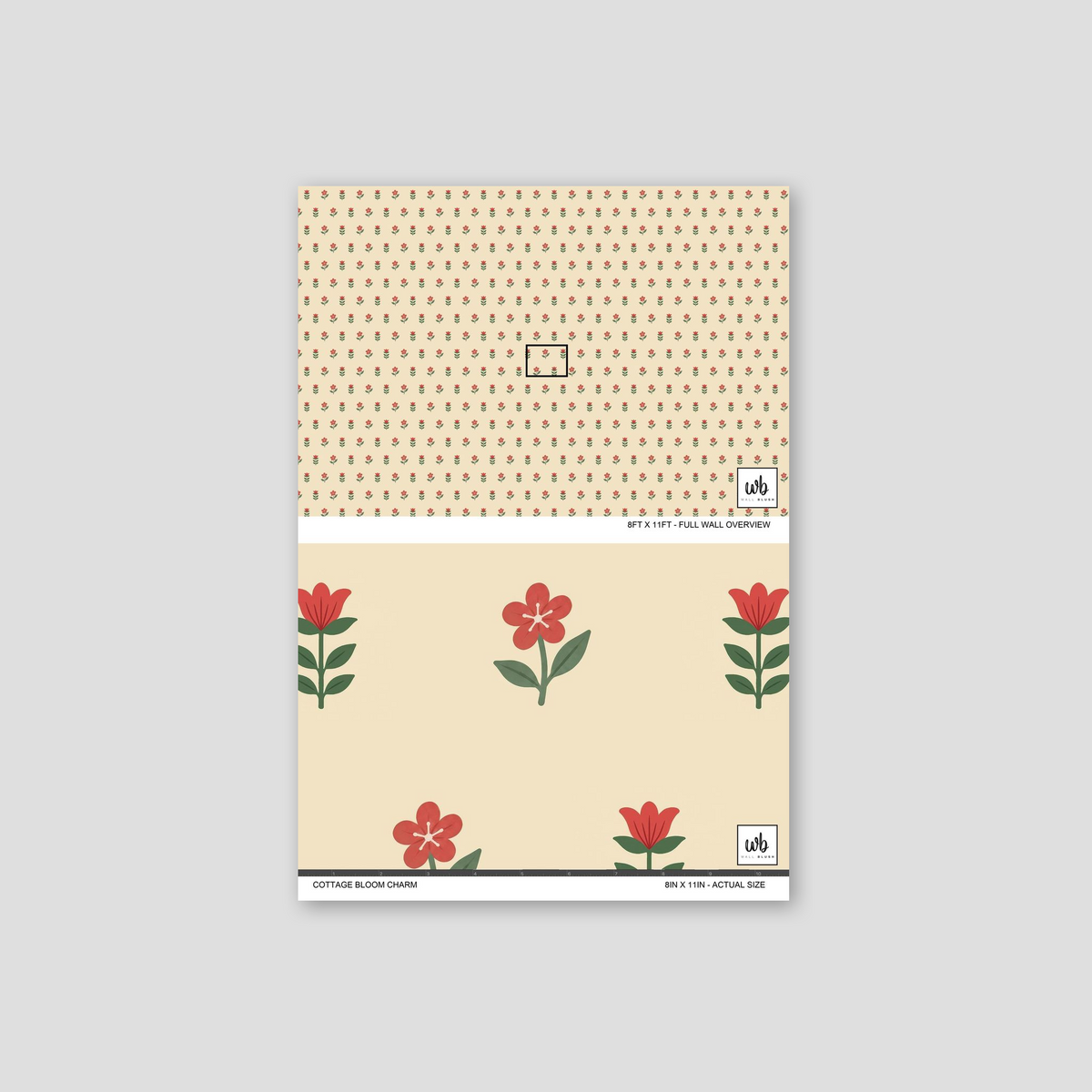 Cottage Bloom Charm wallpaper with red floral pattern on cream background.