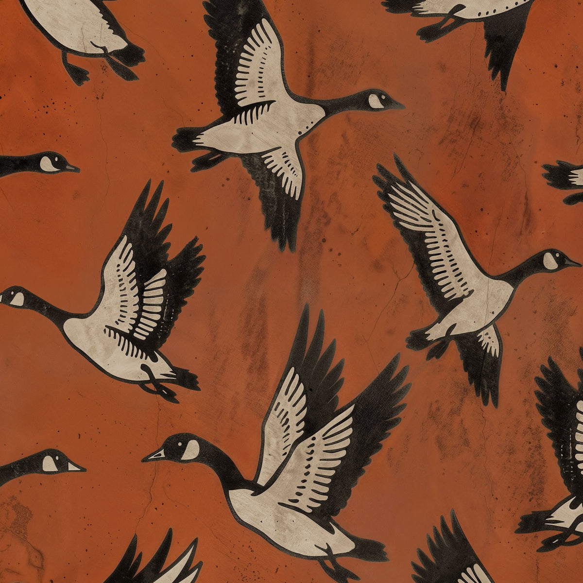 Crimson wallpaper with black and white geese in flight on a textured background.