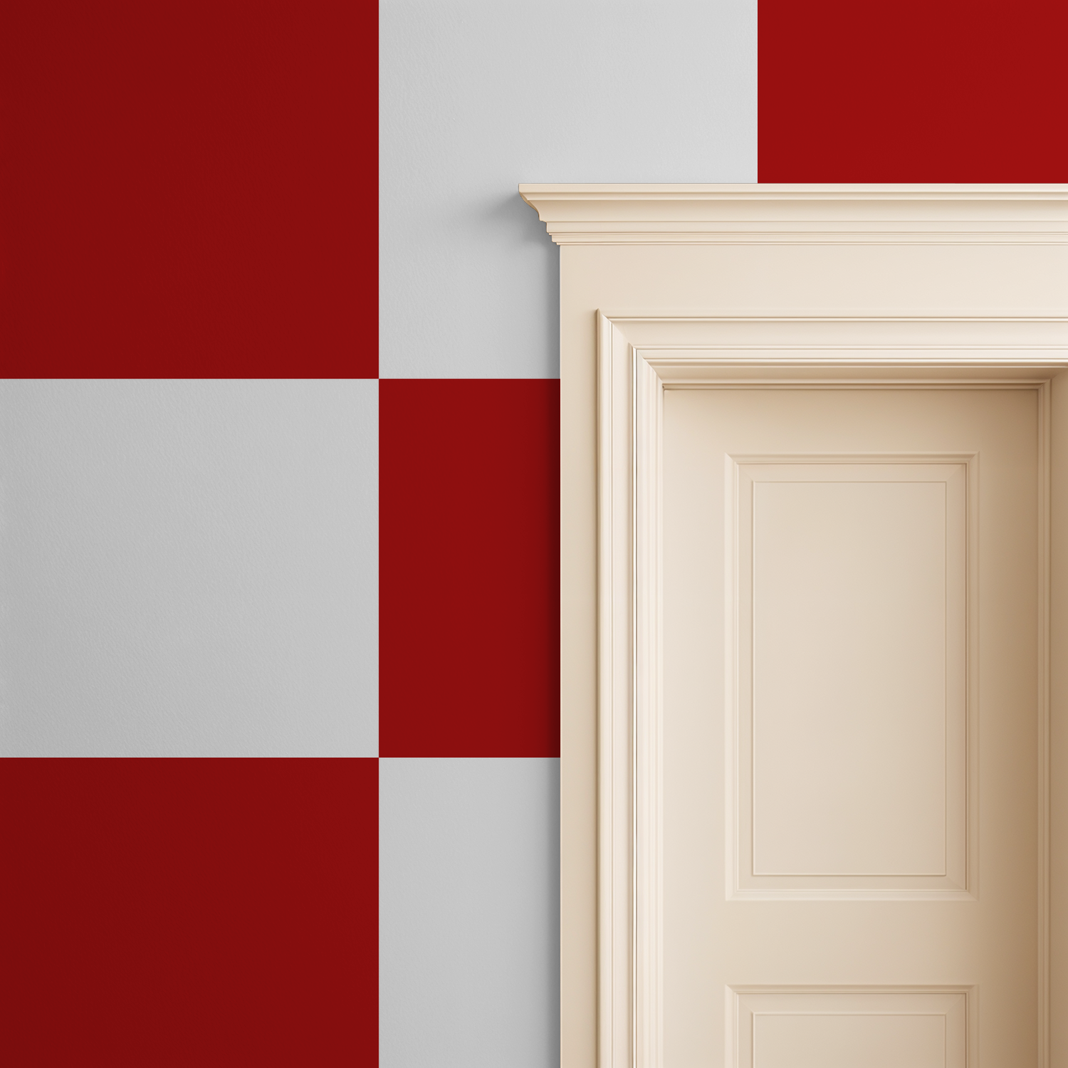 Bold red and white checkerboard wallpaper in room with cream doorframe.