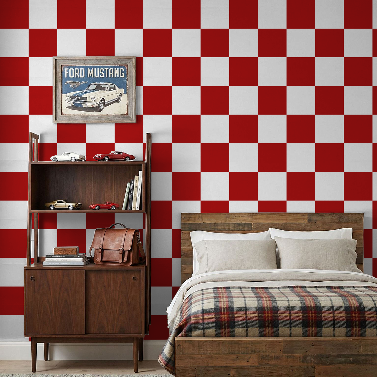 Red and white checkerboard wallpaper in a bedroom with wooden furniture and Mustang print.