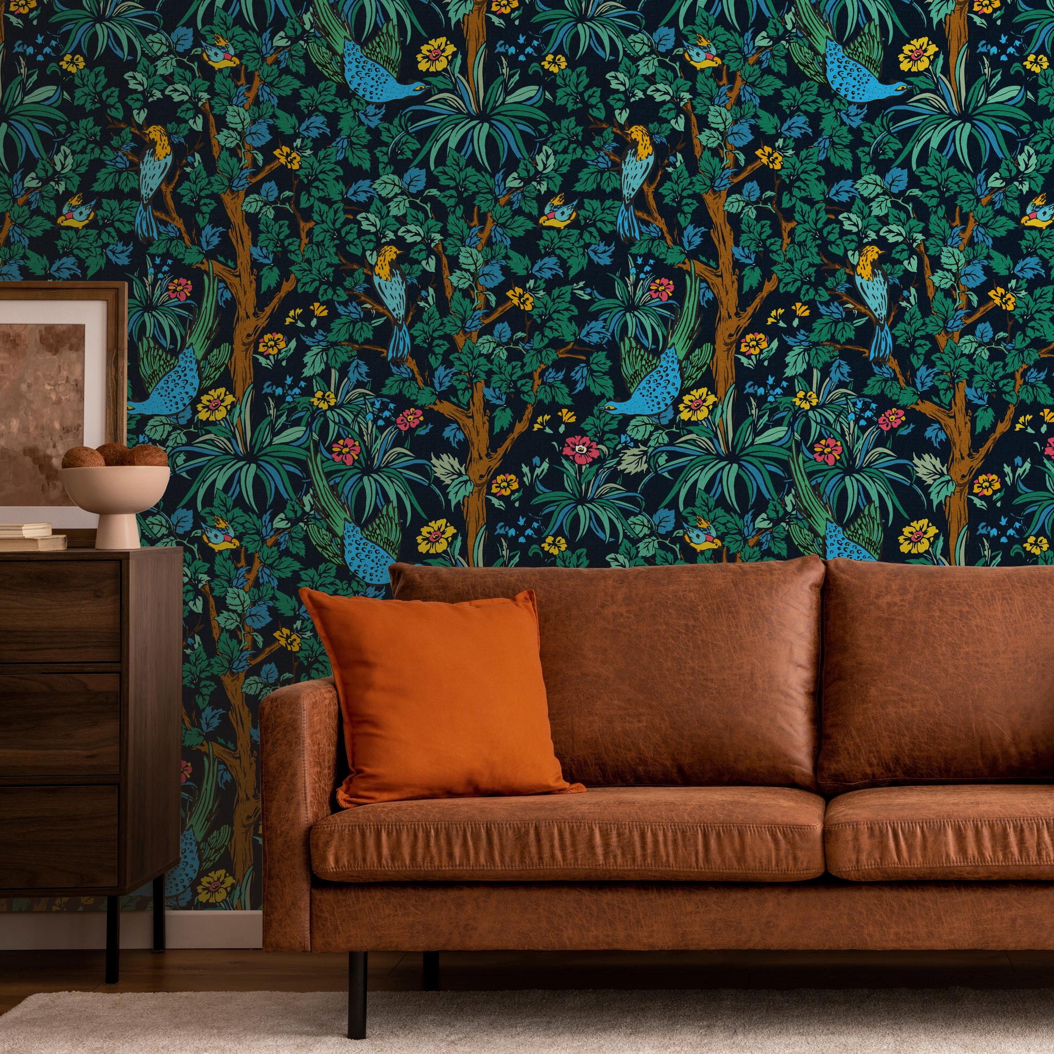 "Flora Wallpaper by Wall Blush in Cozy Living Room with Vibrant Botanical Design Focus"