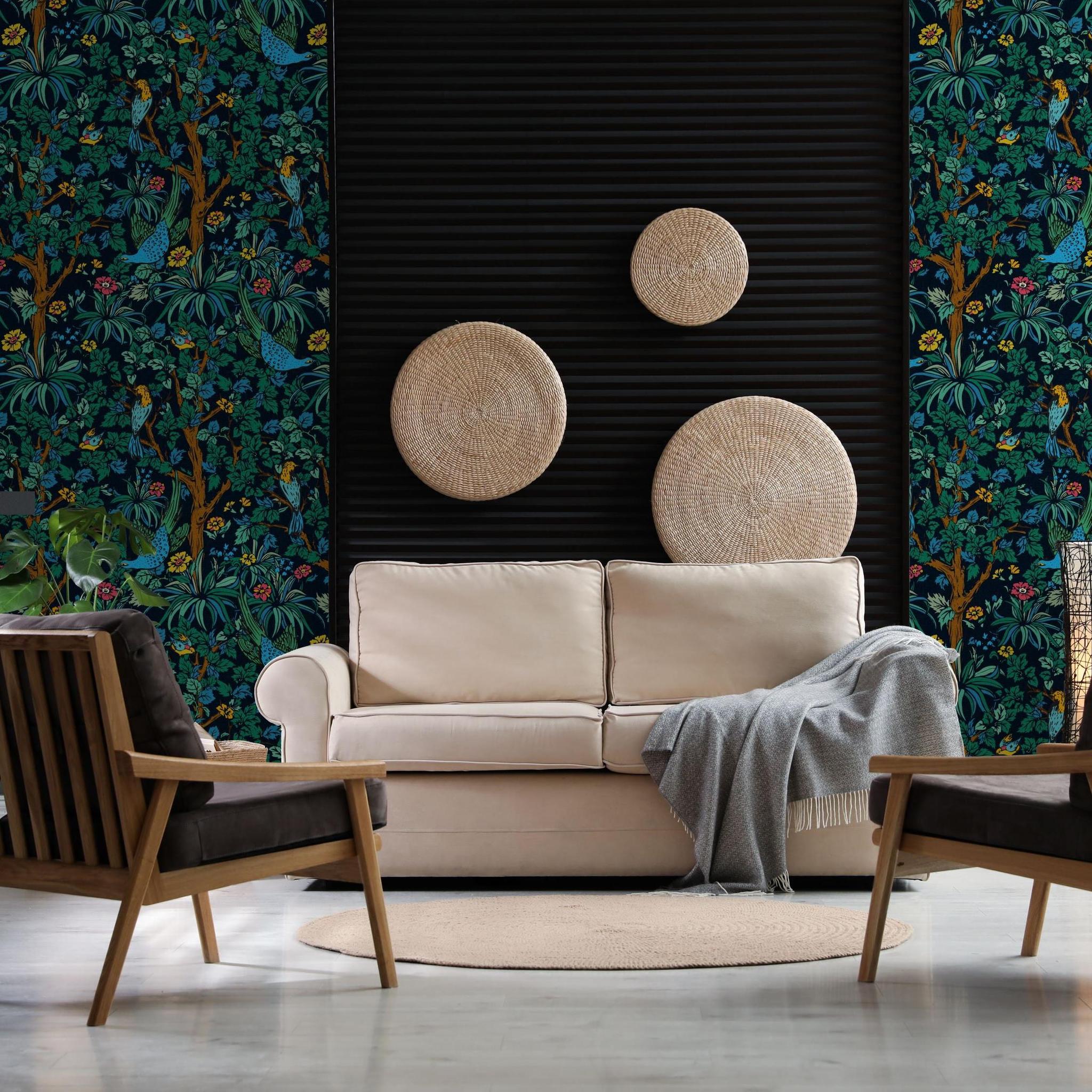 Vibrant Flora Wallpaper by The Stefanie Bloom Line in a modern living room, highlighting elegant wall design.