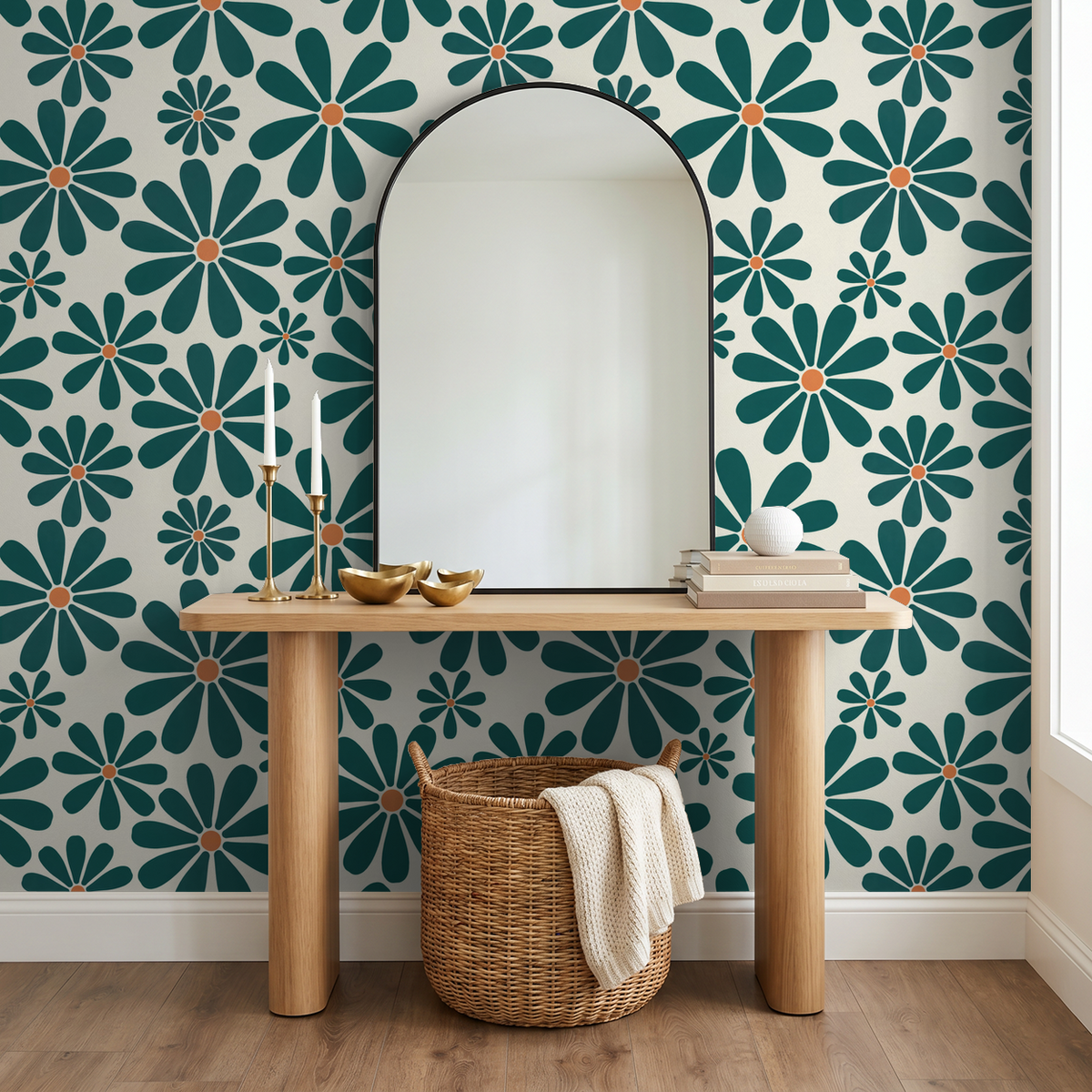 Deep teal floral wallpaper with orange centers in modern entryway with mirror.