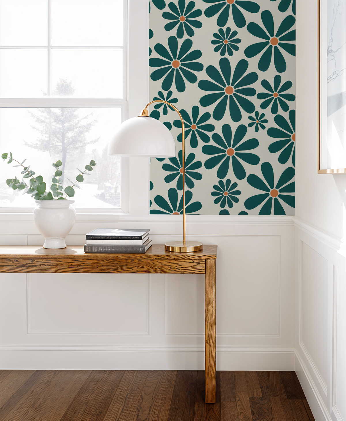 Deep teal floral wallpaper with bold petals in a modern room setting.