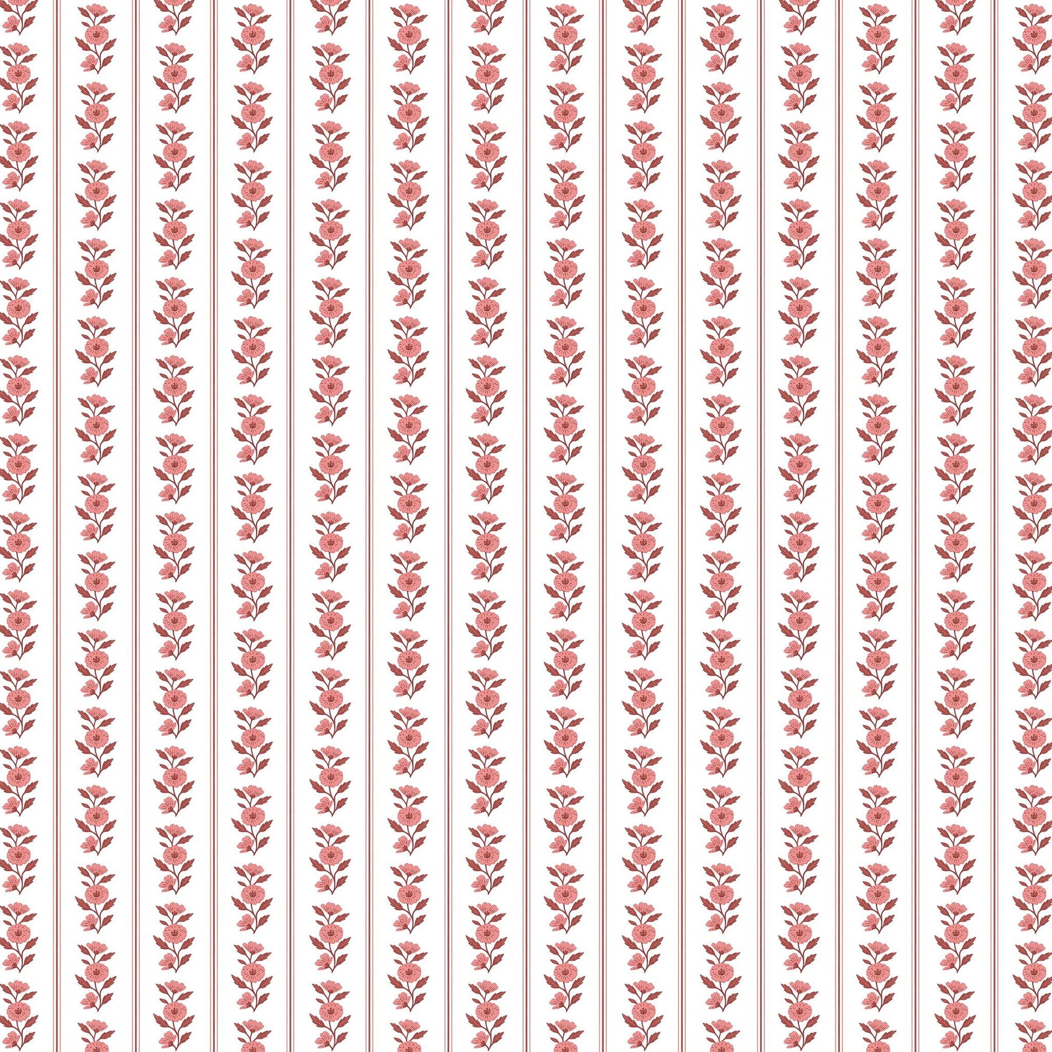 Delicate pink floral and stripe pattern wallpaper, ideal for serene living spaces.