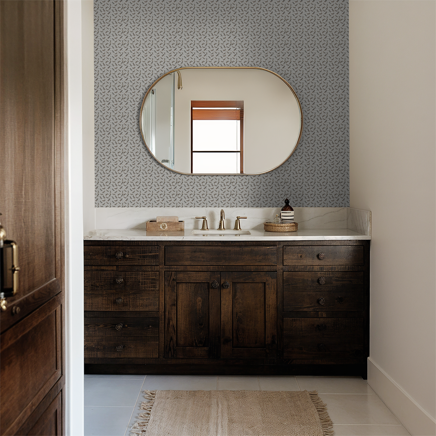 Dragonfly Daydream cream wallpaper in elegant bathroom with wooden vanity.