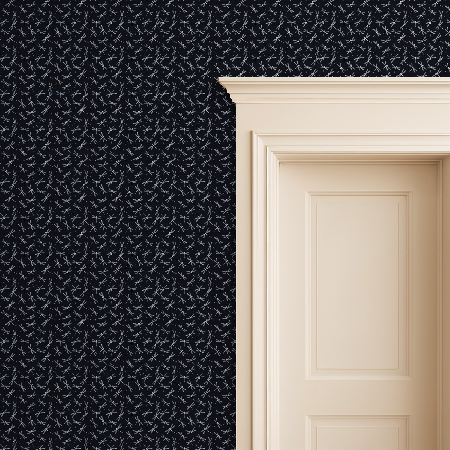 Dragonfly pattern wallpaper in black with blue accents next to cream door frame.