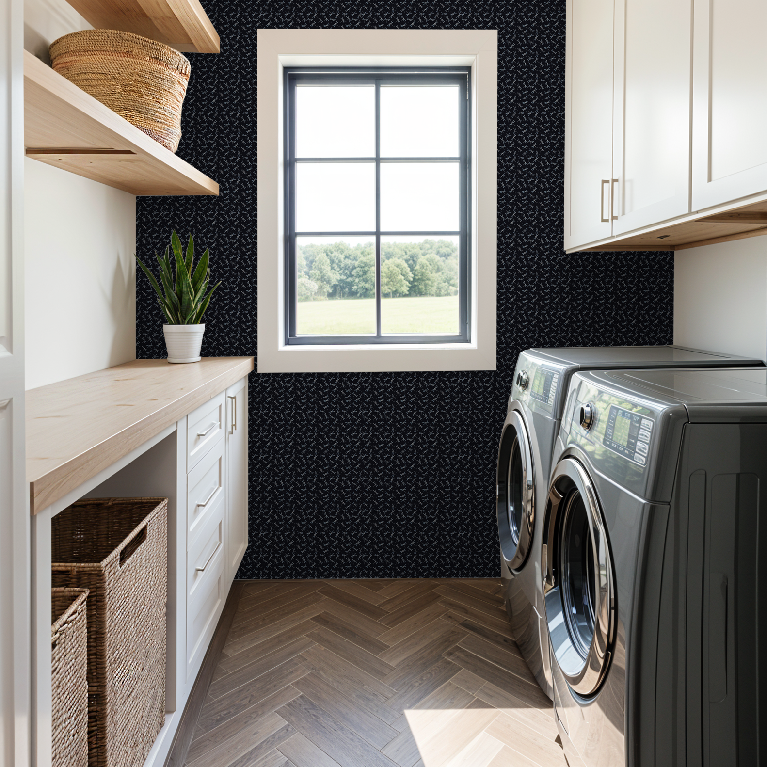Dragonfly pattern wallpaper in black with soft blues in modern laundry room.
