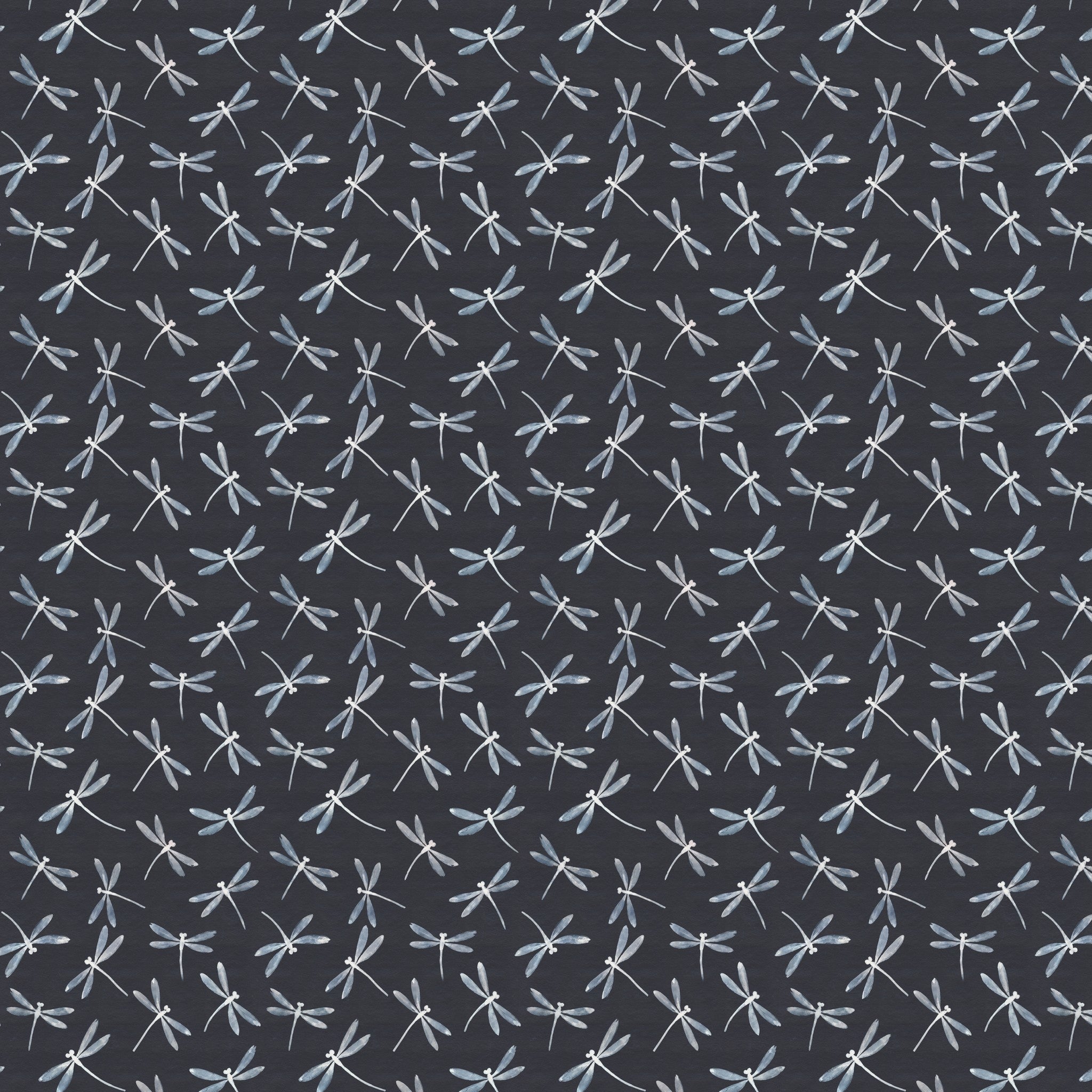Dragonfly pattern wallpaper with soft blues on black background, elegant and whimsical.