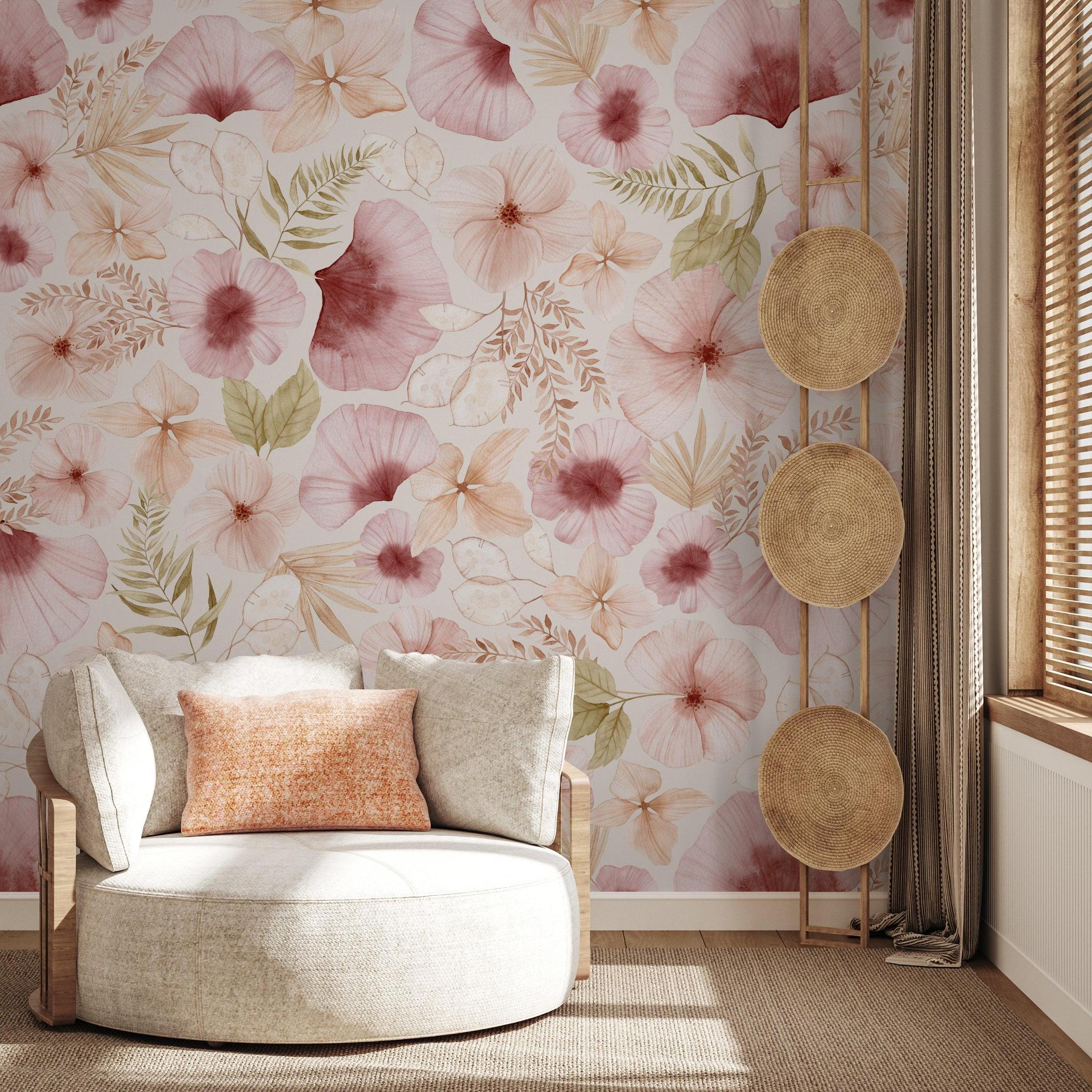 Rosé Wallpaper by Wall Blush SG02 featured in a cozy living room with chic decor highlighting the floral design.