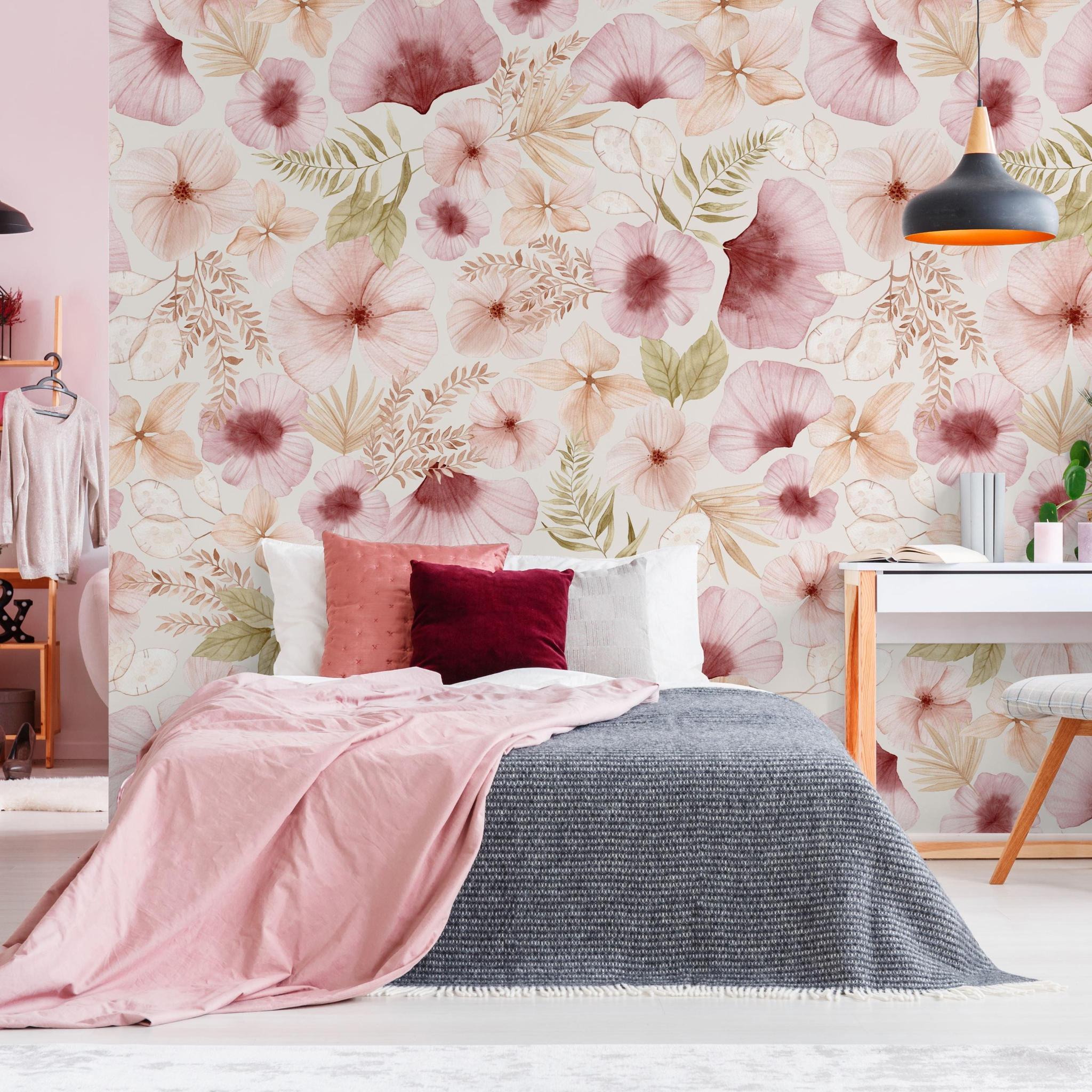 Rosé Wallpaper by Wall Blush SG02 in a modern bedroom with floral wall design as the focal point.